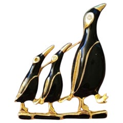Vintage Penguin Family Brooch Black Enamel & Gold-Tone Figural Pin, 1980s–1990