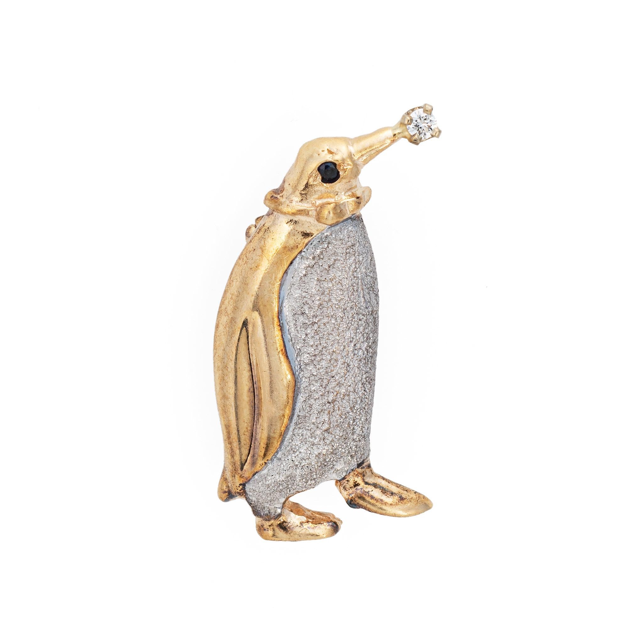 Modern Vintage Penguin Pendant 14k Yellow Gold Diamond Sapphire Brooch Fine Jewelry