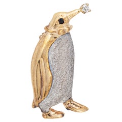 Vintage Penguin Pendant 14k Yellow Gold Diamond Sapphire Brooch Fine Jewelry