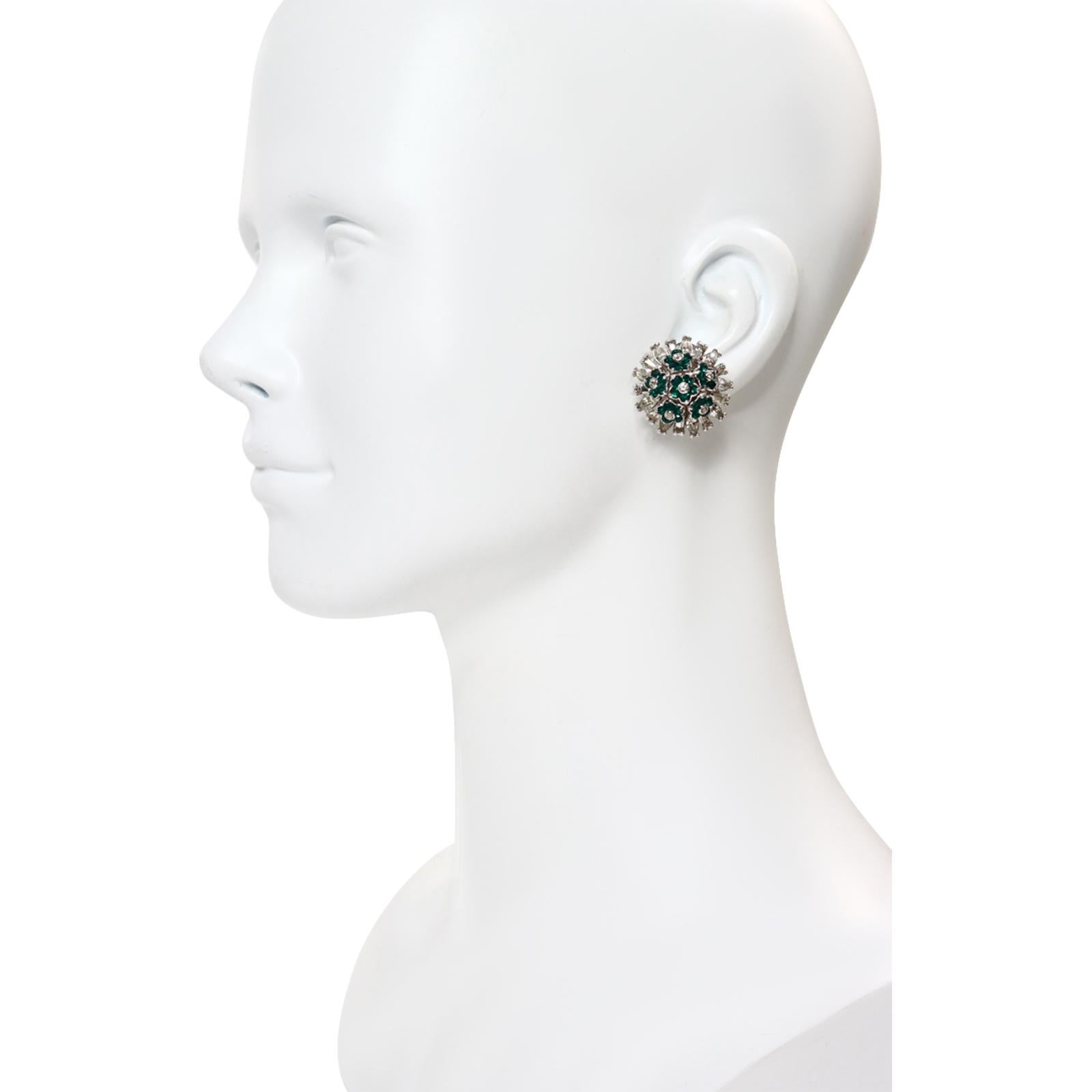 Vintage Pennino Emerald Green and Crystal Flower Earrings Circa 1960s For Sale 4