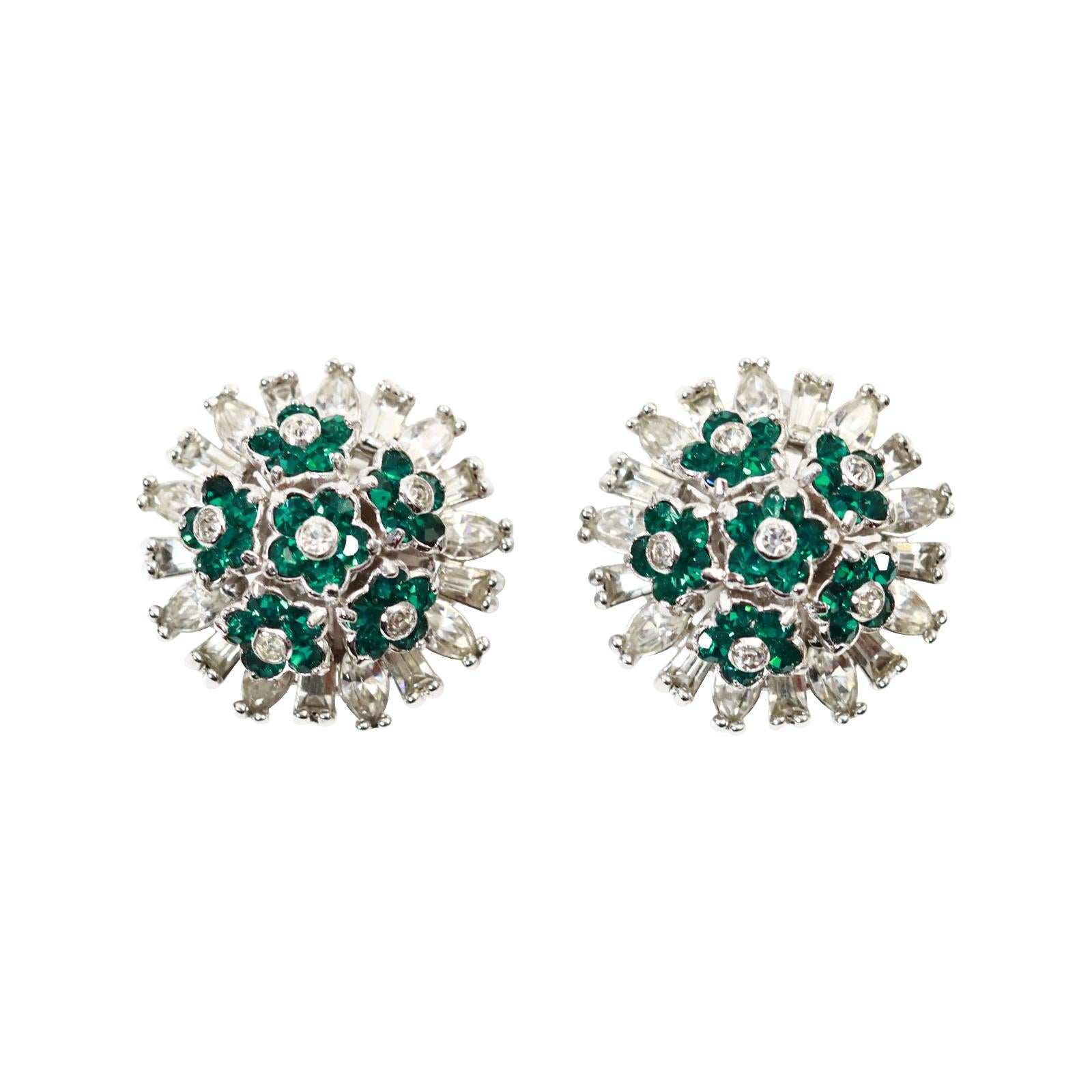 Vintage Pennino Emerald Green and Crystal Flower Earrings Circa 1960s.  These aren't real but they do look it.  Clip On. They are comprised of pears and baguettes and look stunning and have a domed shape. So well made and substantial. In great shape