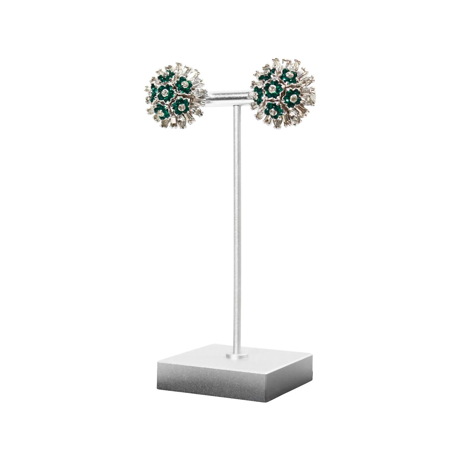 Women's or Men's Vintage Pennino Emerald Green and Crystal Flower Earrings Circa 1960s For Sale