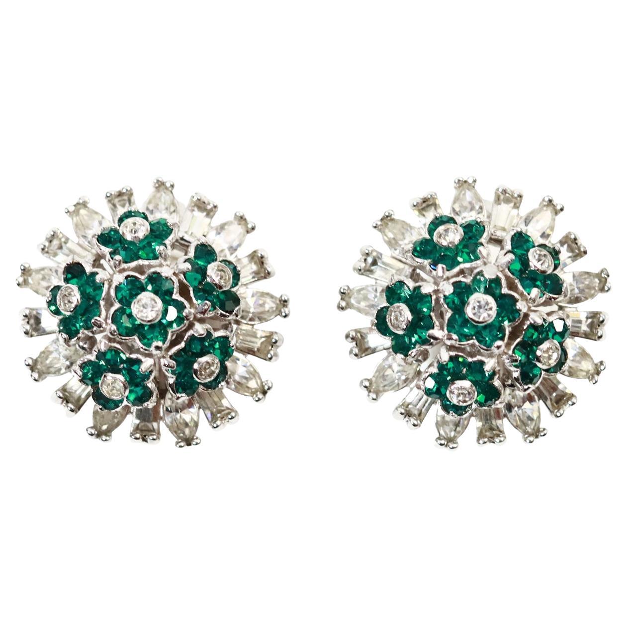Vintage Pennino Emerald Green and Crystal Flower Earrings Circa 1960s For Sale