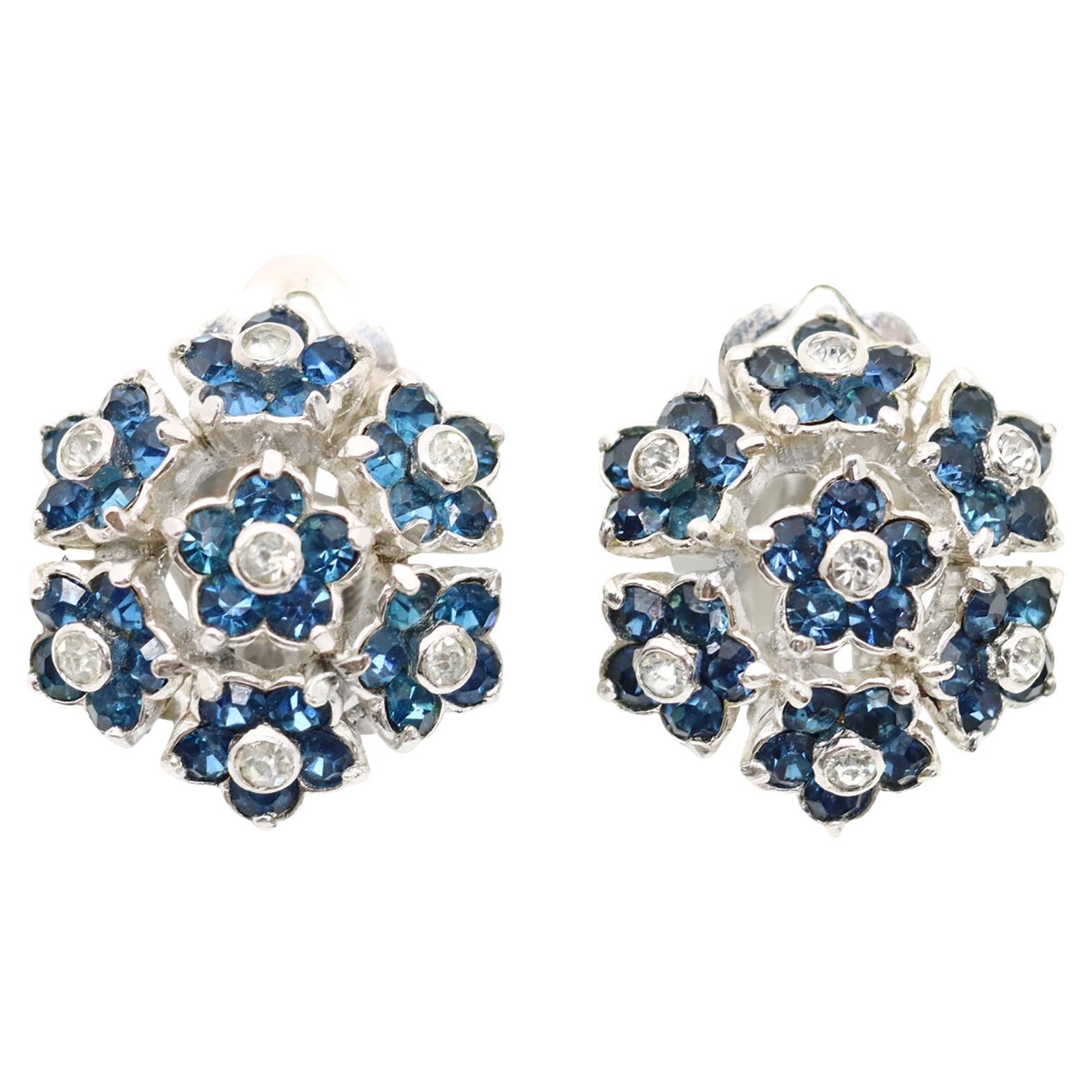 Orecchini Pennino vintage con fiori di cristallo e blu zaffiro, circa anni '60