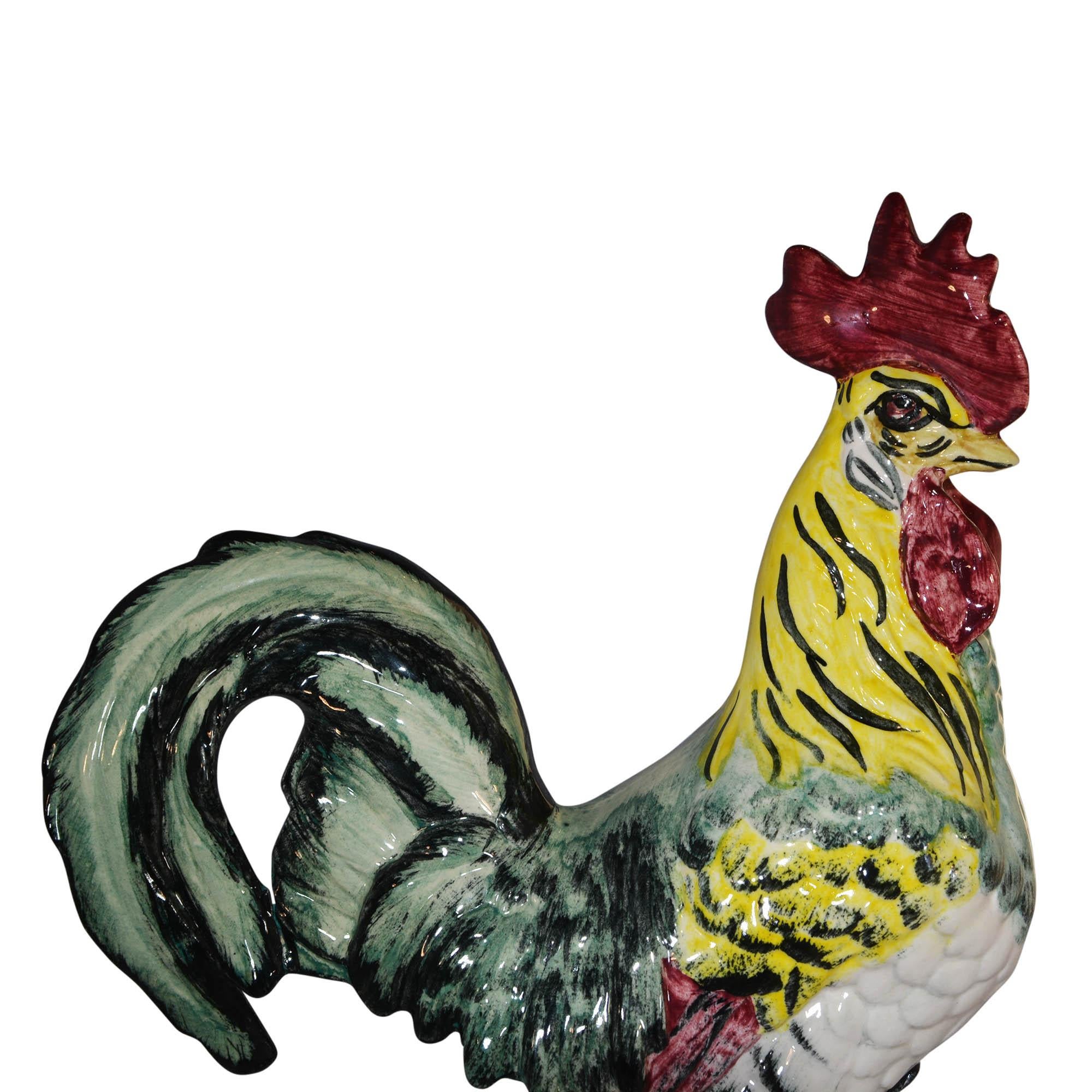 Vintage Pennsbury Pottery Colorful Rooster Figurine Green Base In Good Condition For Sale In Pataskala, OH