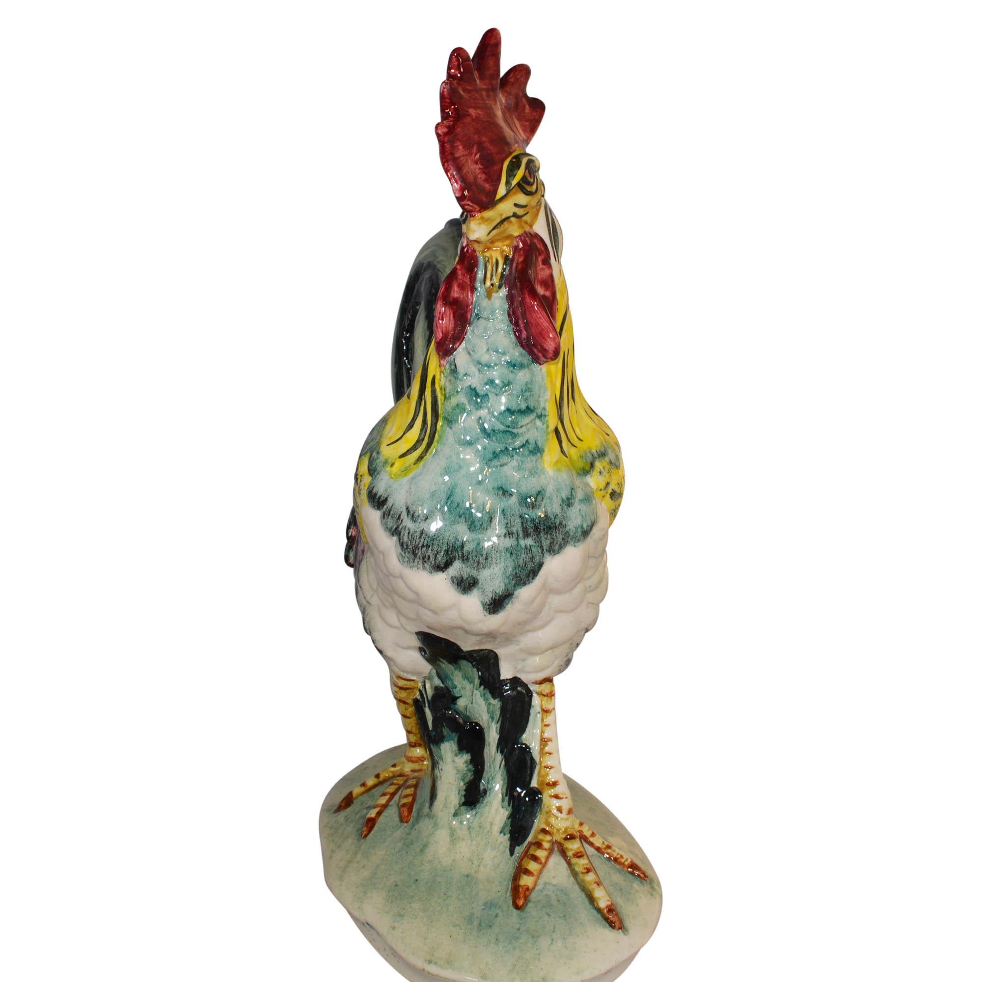 Country Vintage Pennsbury Pottery Colorful Rooster Figurine Green Base For Sale