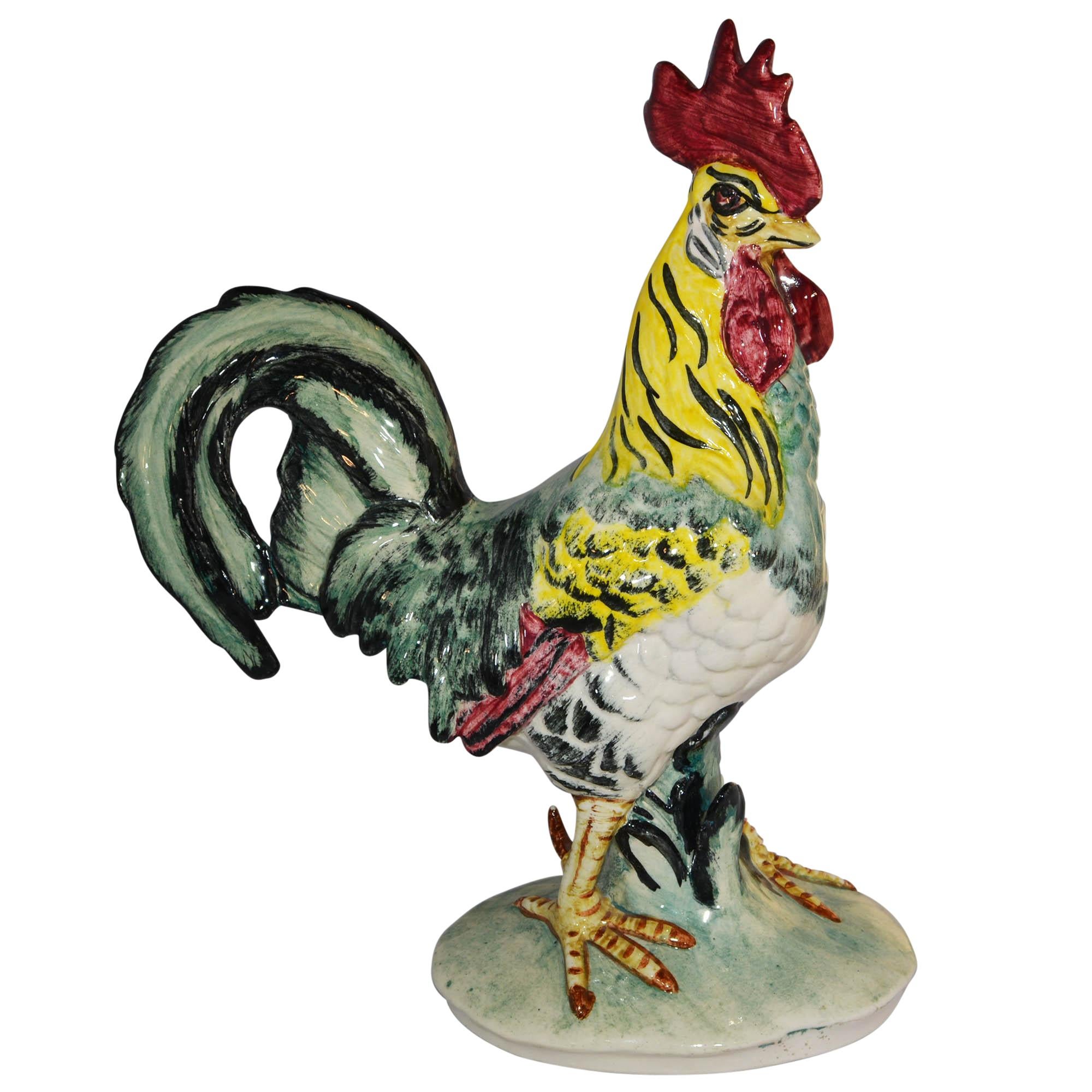 Vintage Pennsbury Pottery Colorful Rooster Figurine Green Base For Sale