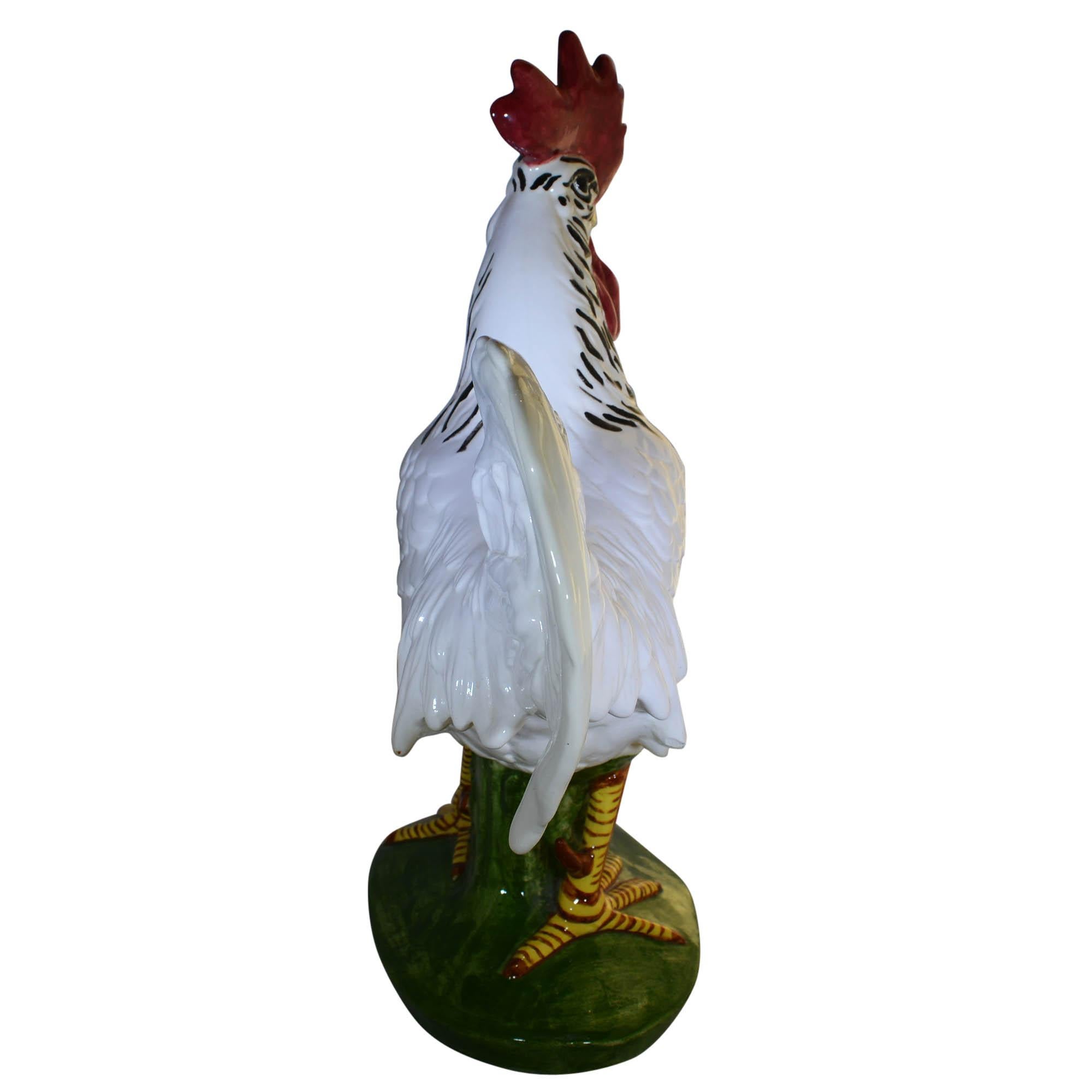 Vintage Pennsbury Pottery Rooster Figurine White Green Base In Good Condition In Pataskala, OH