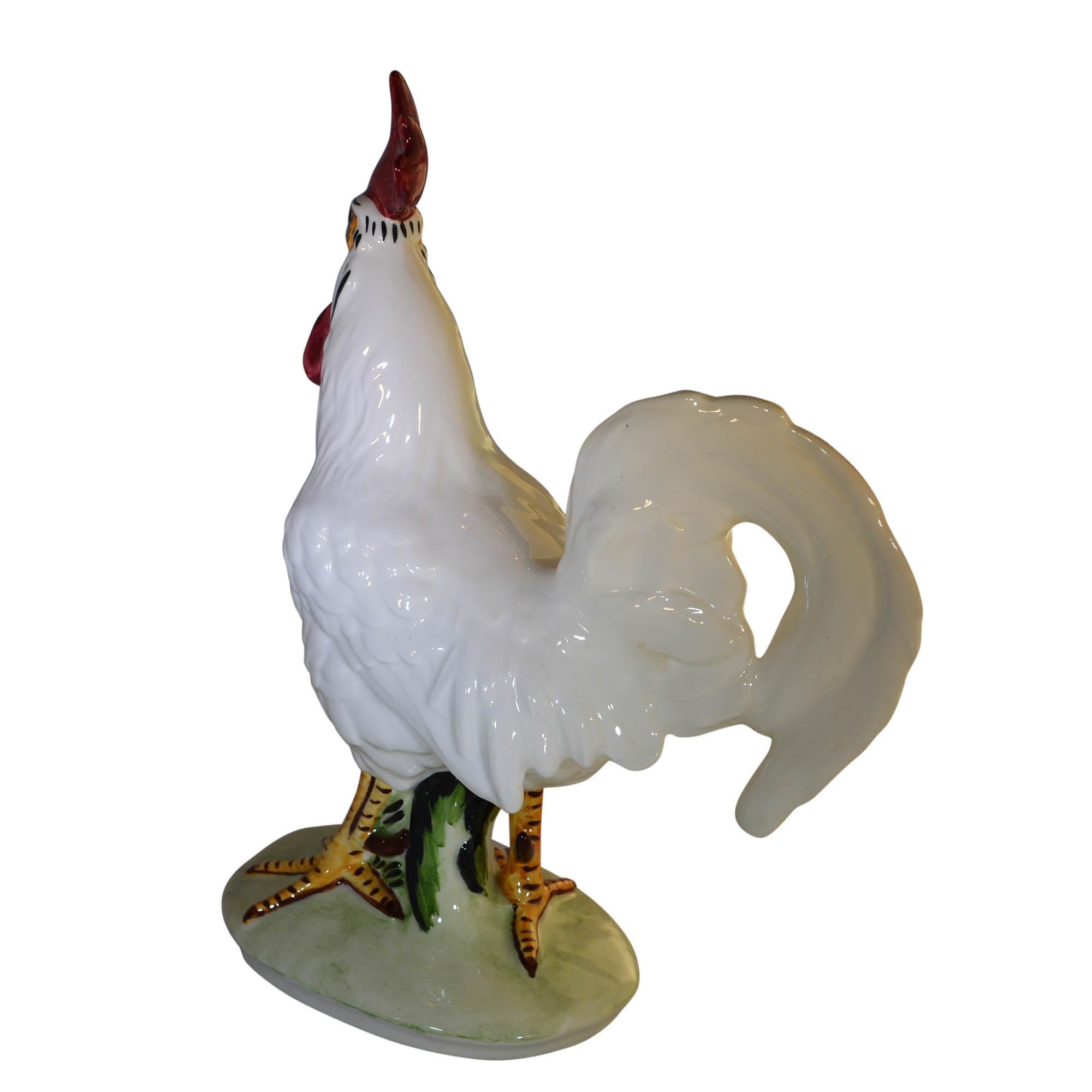 Vintage Pennsbury Pottery Rooster Figurine White Light Green Base In Good Condition In Pataskala, OH