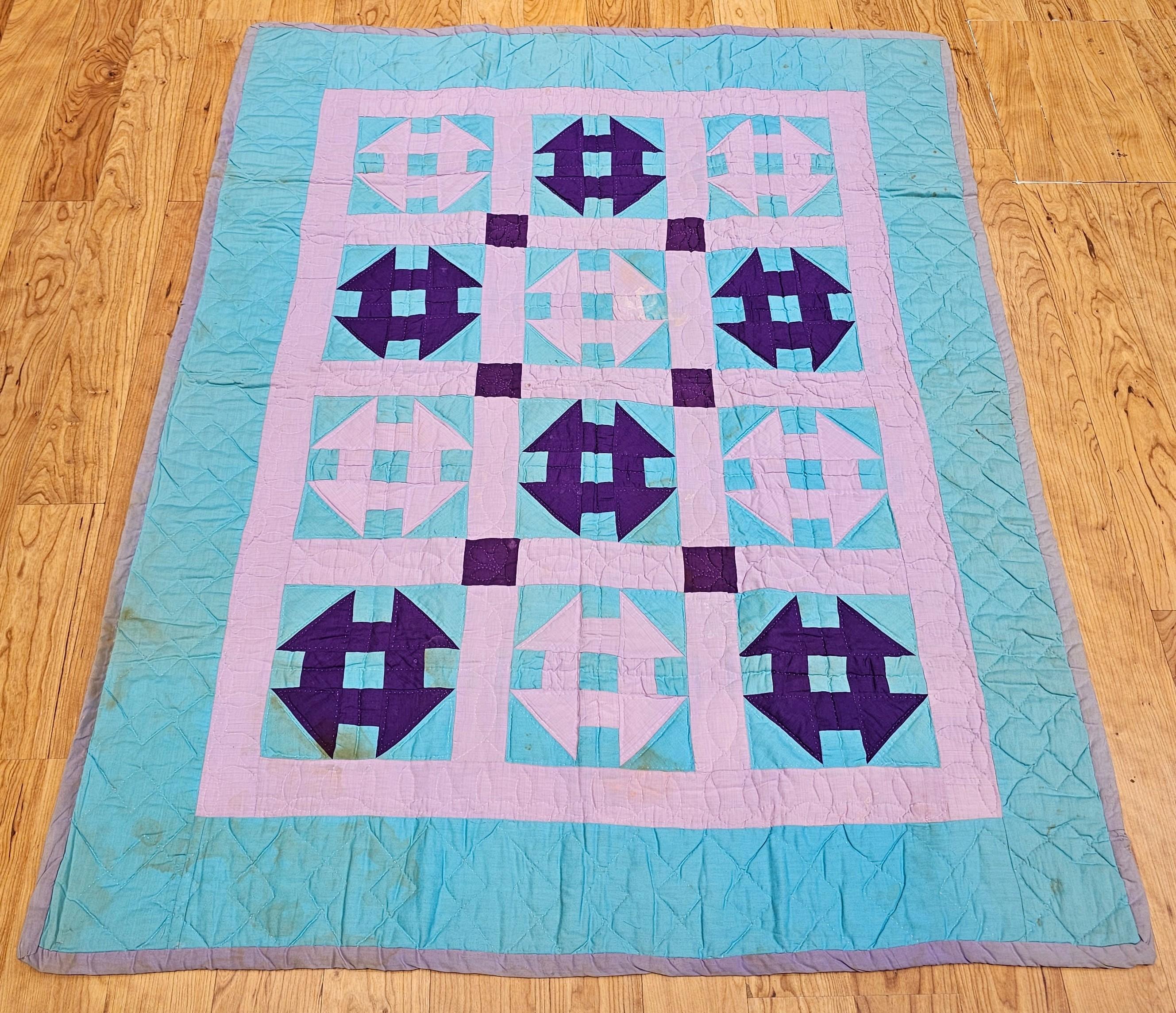 Hand-Crafted Vintage Pennsylvania Amish “Churn Dash” Hand-Stitched Cotton Quilt For Sale