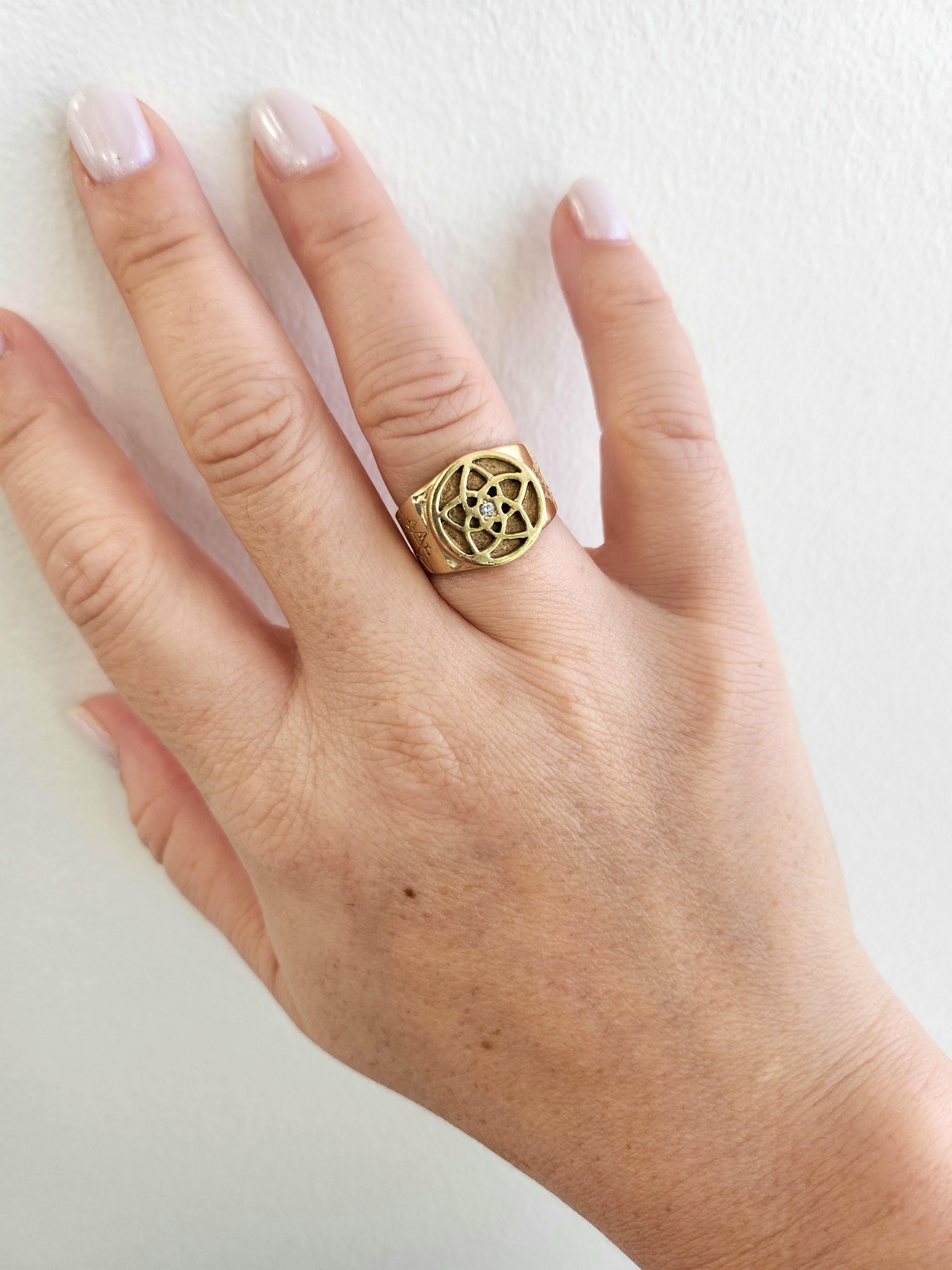 Taglio rotondo Anello Pentagramma Vintage Diamante Stella a Cinque Punte Fascia Astrologica Oro 14K in vendita