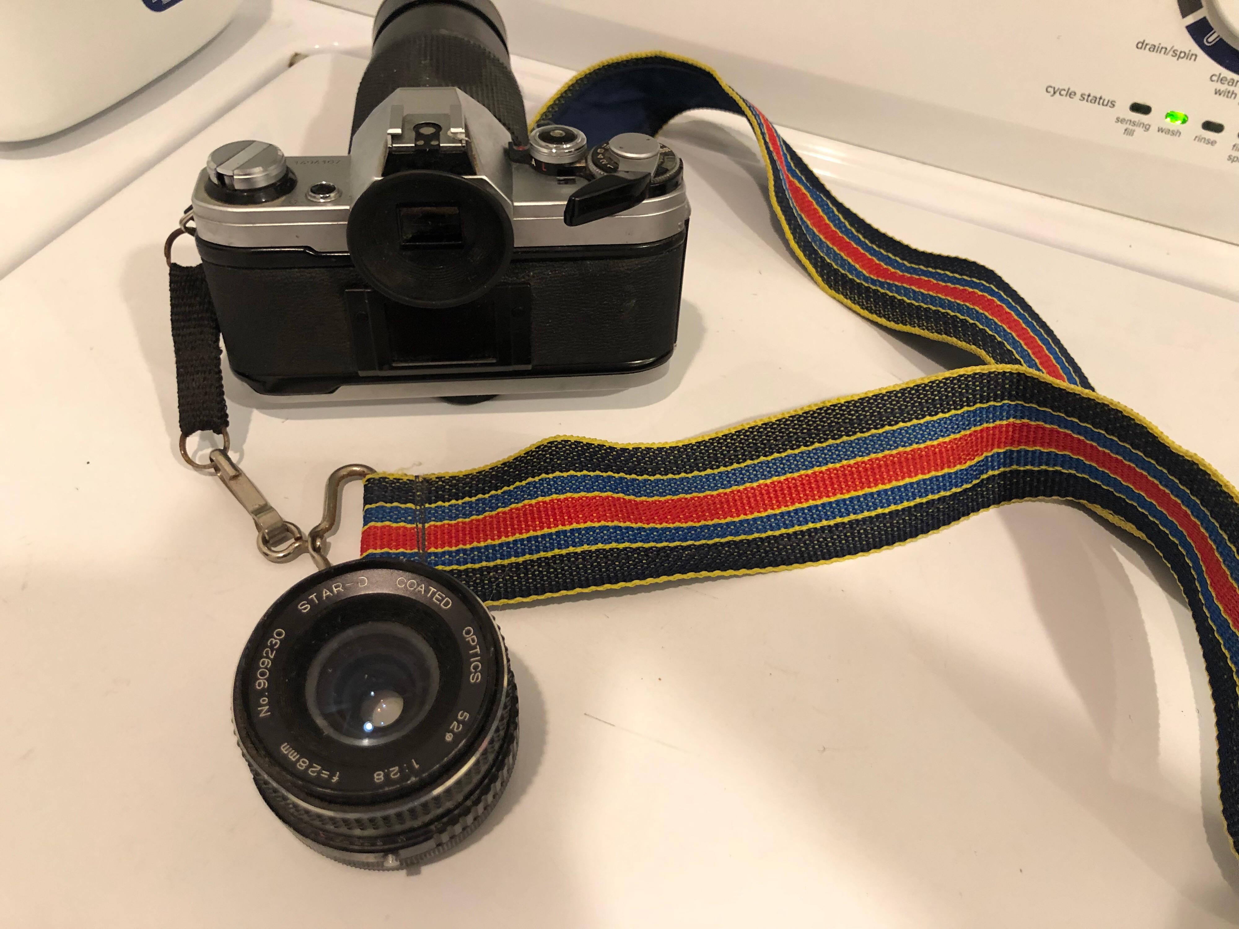 Mid-Century Modern Vintage Canon AE1 Camera with Two Lens and strap