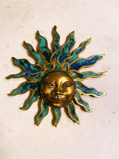 Vintage Pepe Mendoza Brass/Turquoise Resin Sun Wall Sculptures, Mexico, 1960s