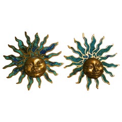 Vintage Pepe Mendoza Brass/Turquoise Resin Sun Wall Sculptures, Mexico, 1960s