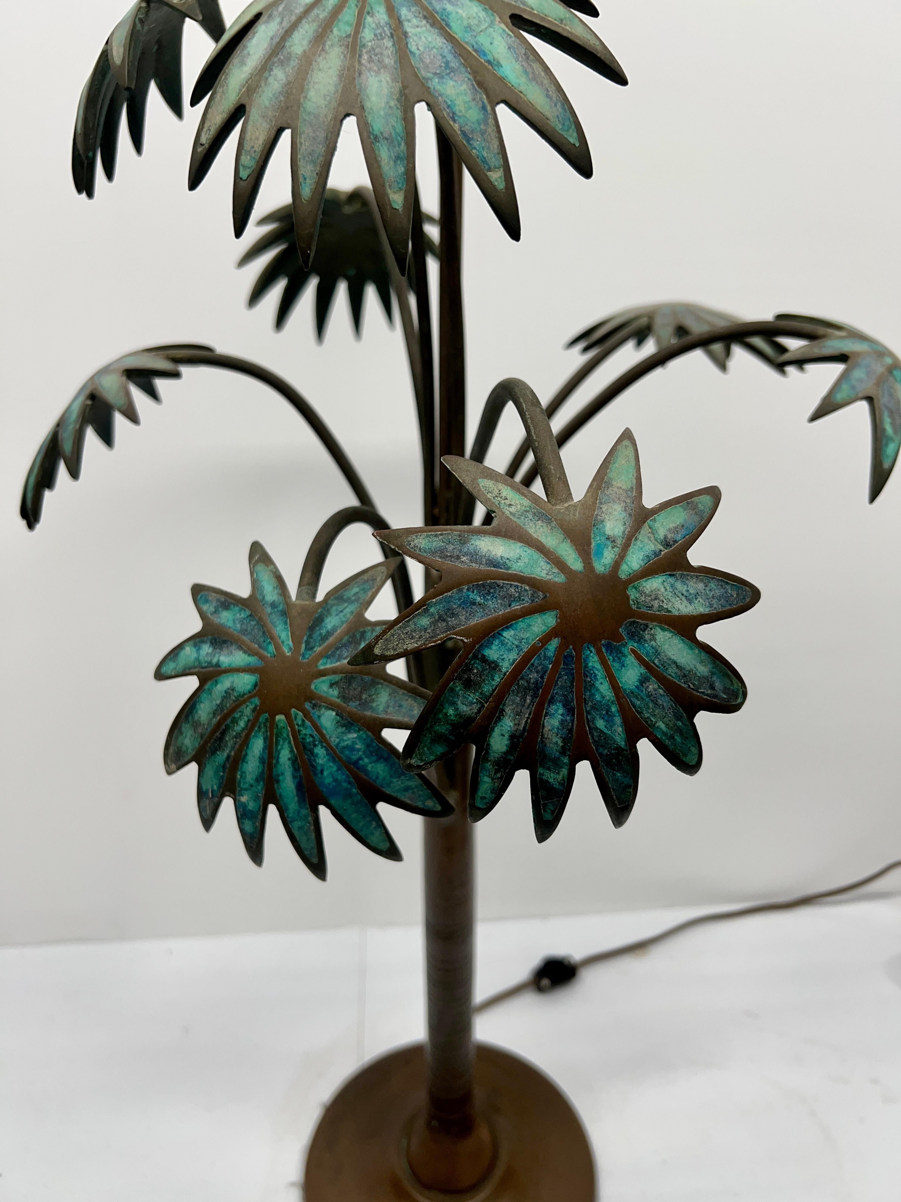 Mexican Vintage Pepe Mendoza Bronze Palm Tree Malachite Inset Table Lamp C. 1950 For Sale