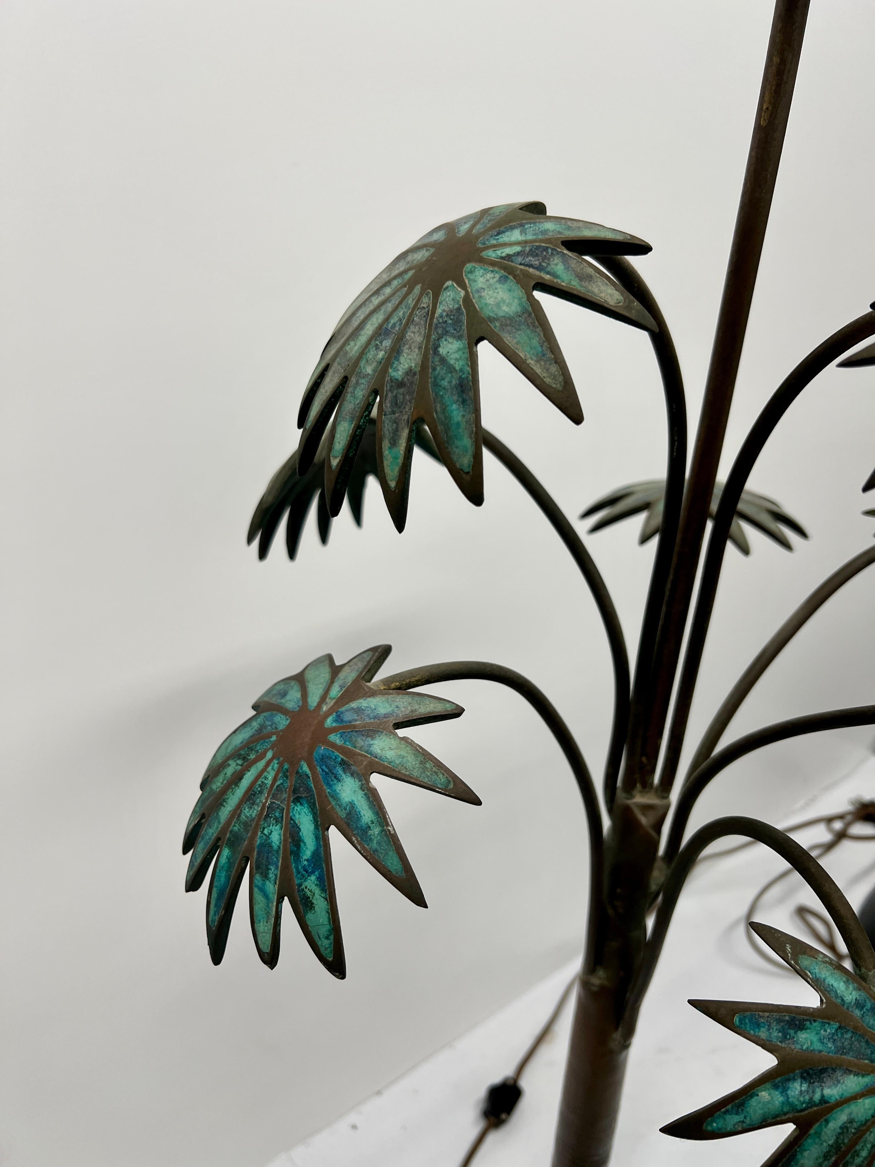 20th Century Vintage Pepe Mendoza Bronze Palm Tree Malachite Inset Table Lamp C. 1950 For Sale
