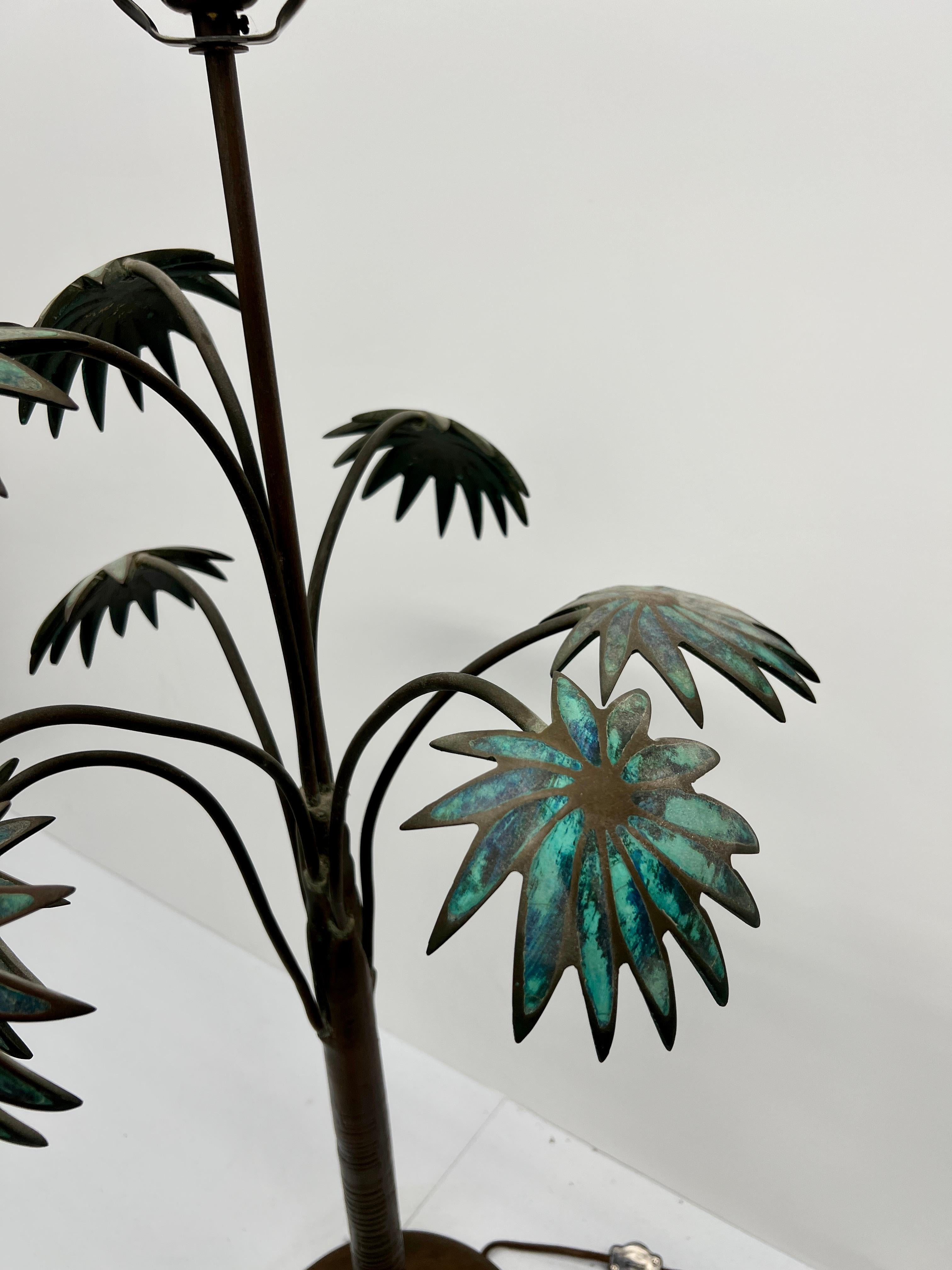 Brass Vintage Pepe Mendoza Bronze Palm Tree Malachite Inset Table Lamp C. 1950 For Sale