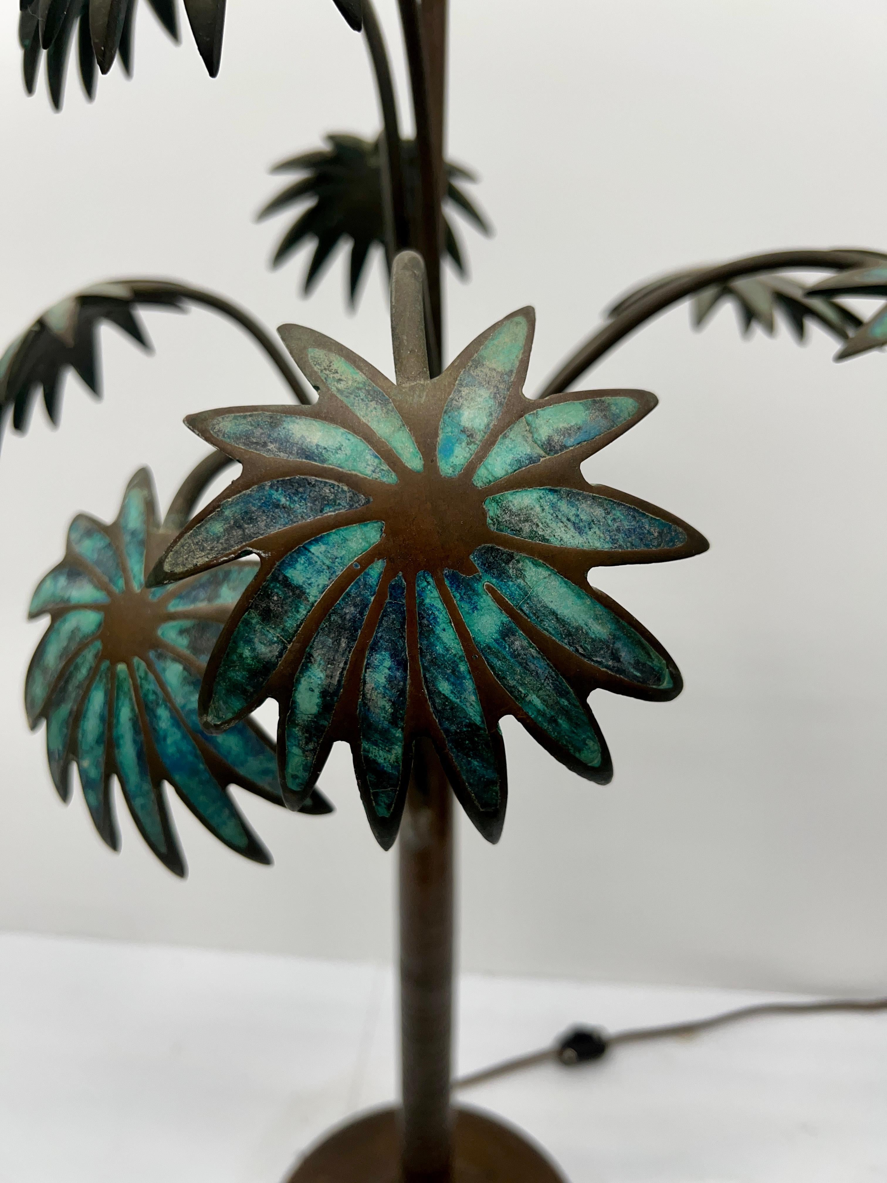 Vintage Pepe Mendoza Bronze Palm Tree Malachite Inset Table Lamp C. 1950 For Sale 1