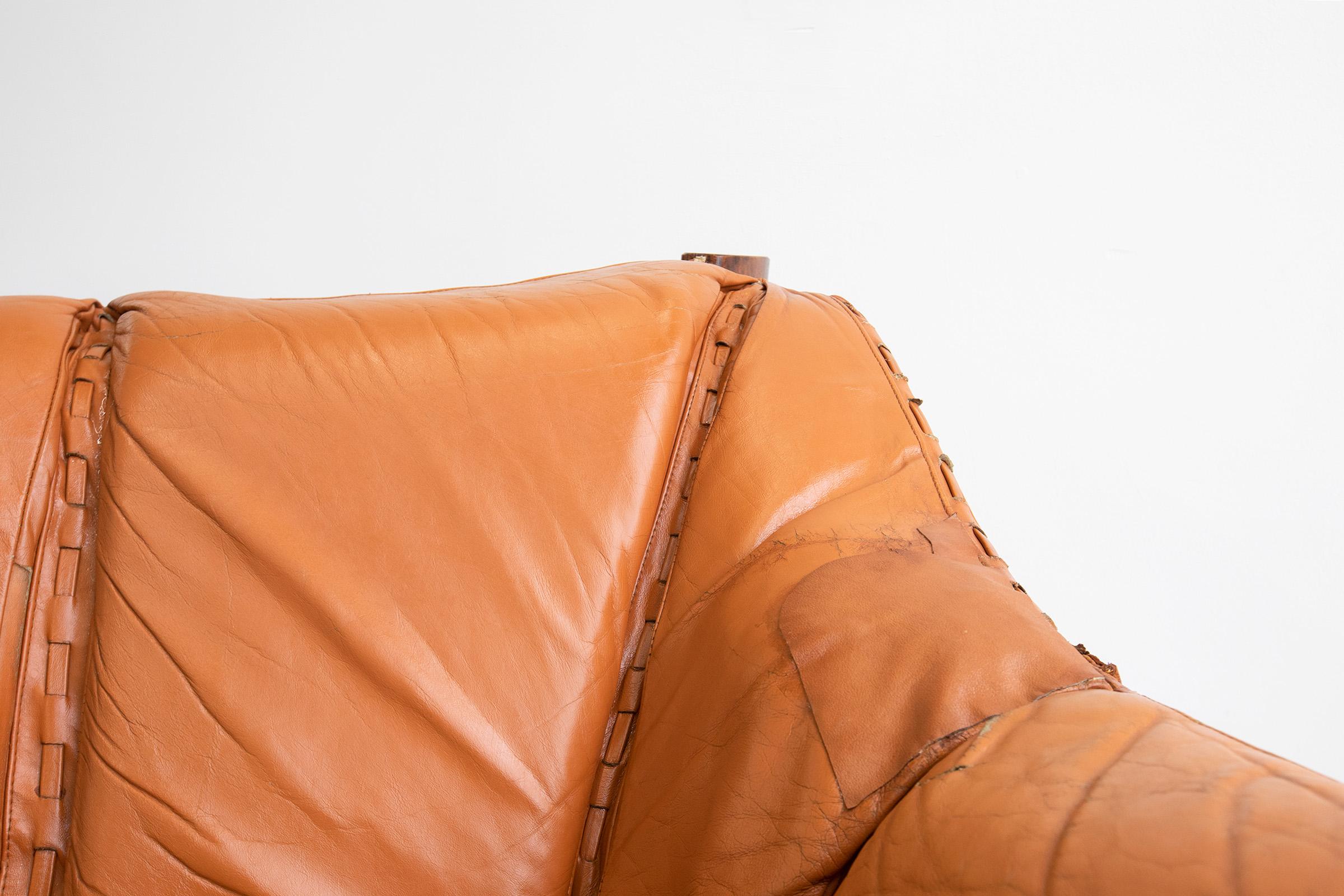 Steel Vintage Percival Lafer MP-211 Sofa Brazilian Rosewood & Original Cognac Leather