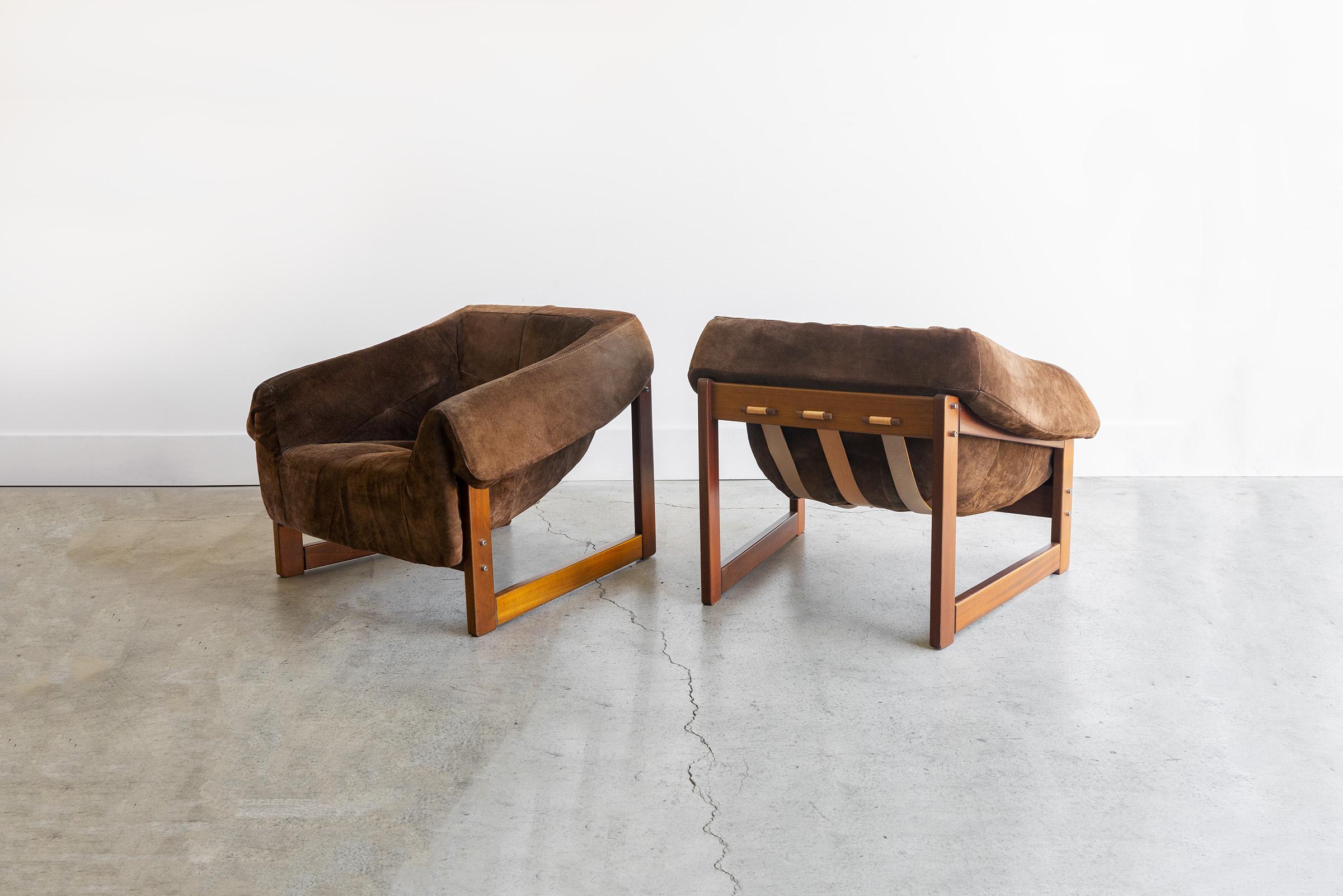 Percival Lafer MP-079 lounge chairs - Gorgeous original suede upholstered seats sit upon leather straps forming a sling, that is attached to the Brazilian rosewood frame by dowels. The soft worn-in patina of the original suede looks luxurious yet