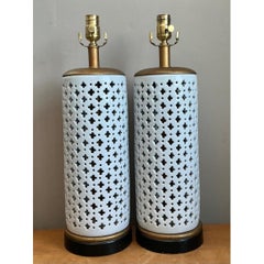 Vintage Perforated Ceramic Table Lamps - Pair