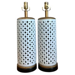 Vintage Perforated Ceramic Table Lamps - Pair