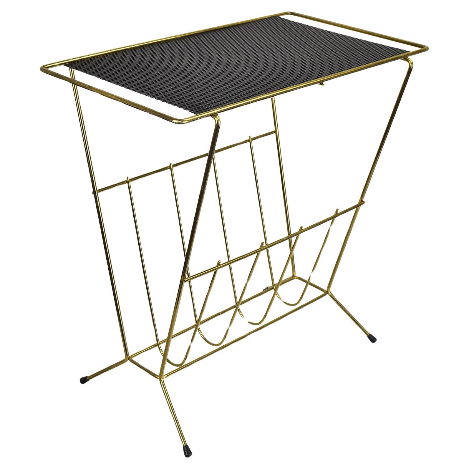 Vintage Perforated Metal & Brass Magazine Rack End / Side Table