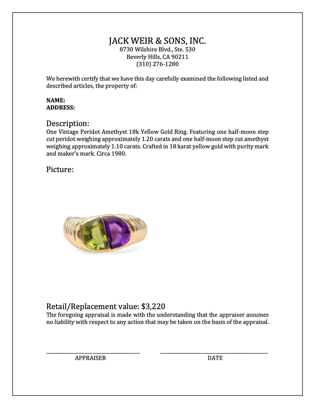 Women's or Men's Vintage Peridot Amethyst 18k Yellow Gold Ring For Sale