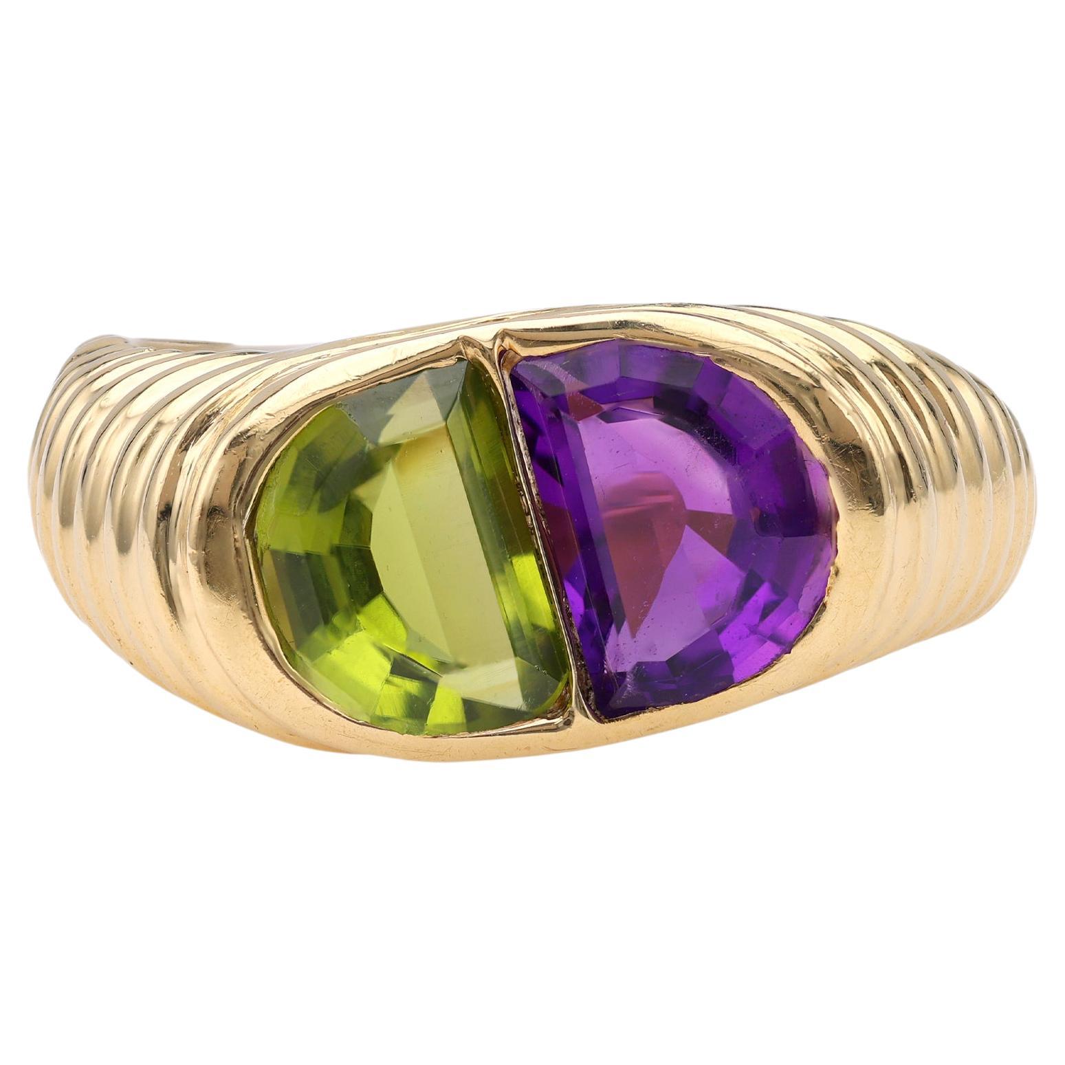 Vintage Peridot Amethyst 18k Yellow Gold Ring For Sale