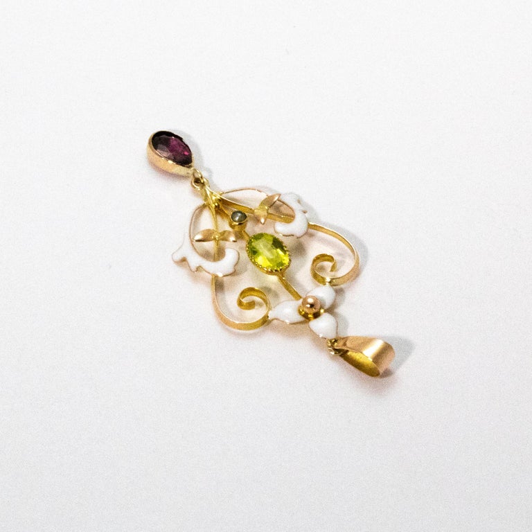 Vintage Peridot and Amethyst Enamel 9 Carat Gold Suffragette Pendant In Good Condition In Chipping Campden, GB