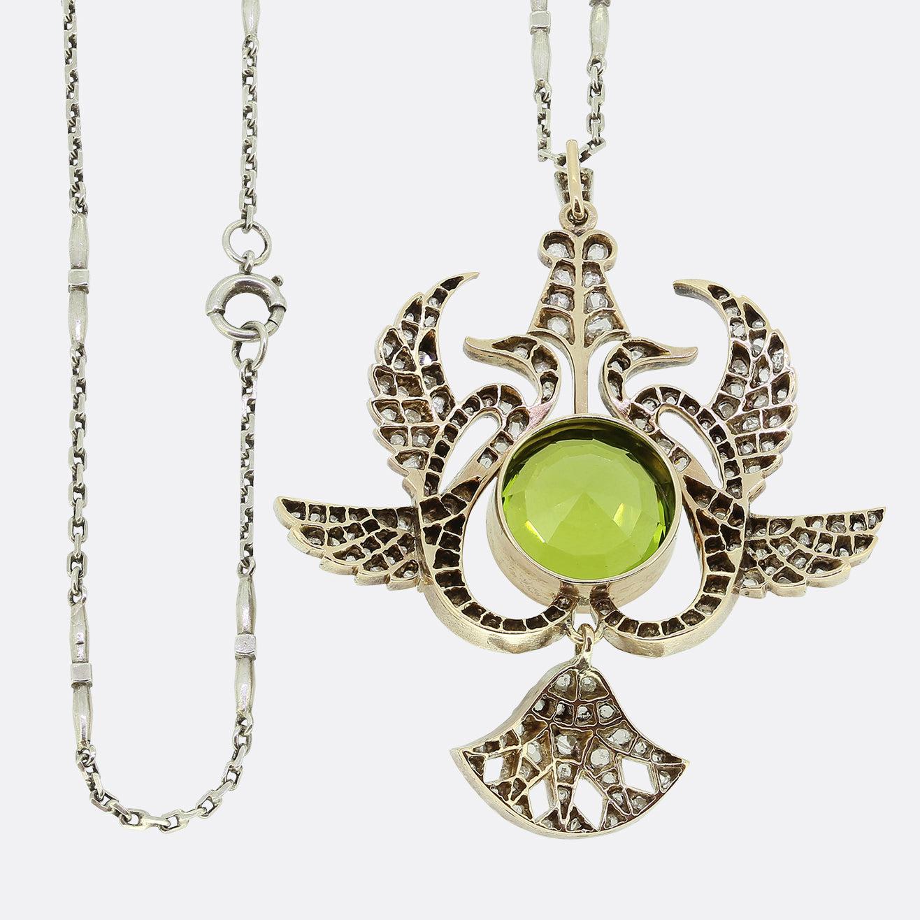 Round Cut Vintage Peridot and Diamond Swan Necklace For Sale