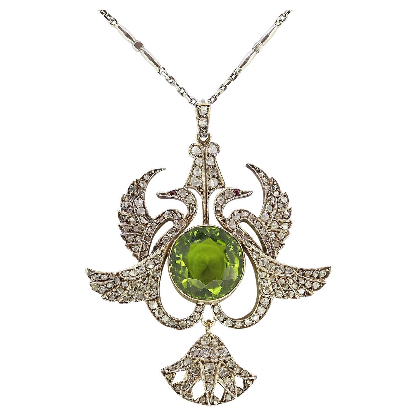 Vintage Peridot and Diamond Swan Necklace For Sale