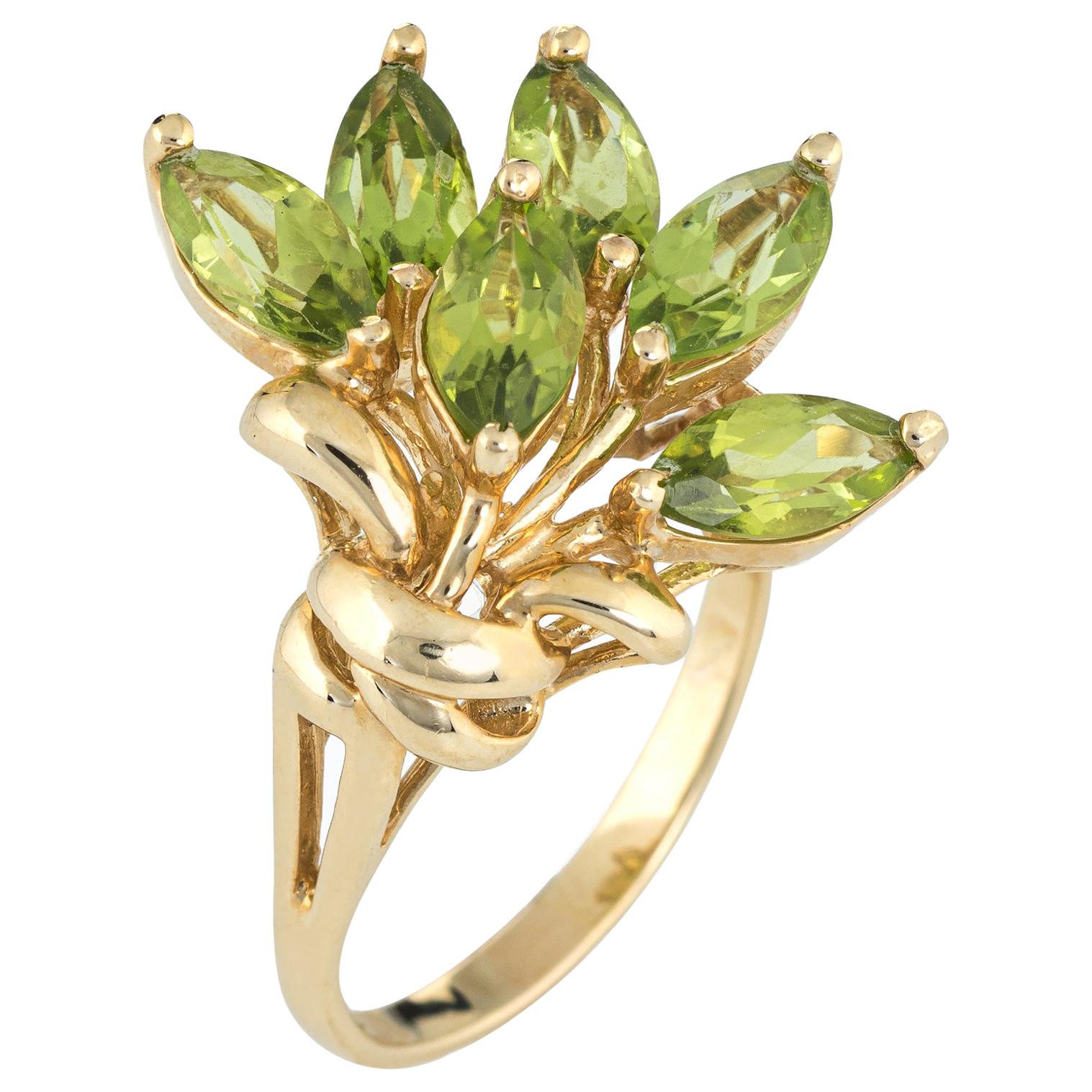 Vintage Peridot Leaf Ring 14 Karat Gold Estate Marquise Cut Spray Cocktail