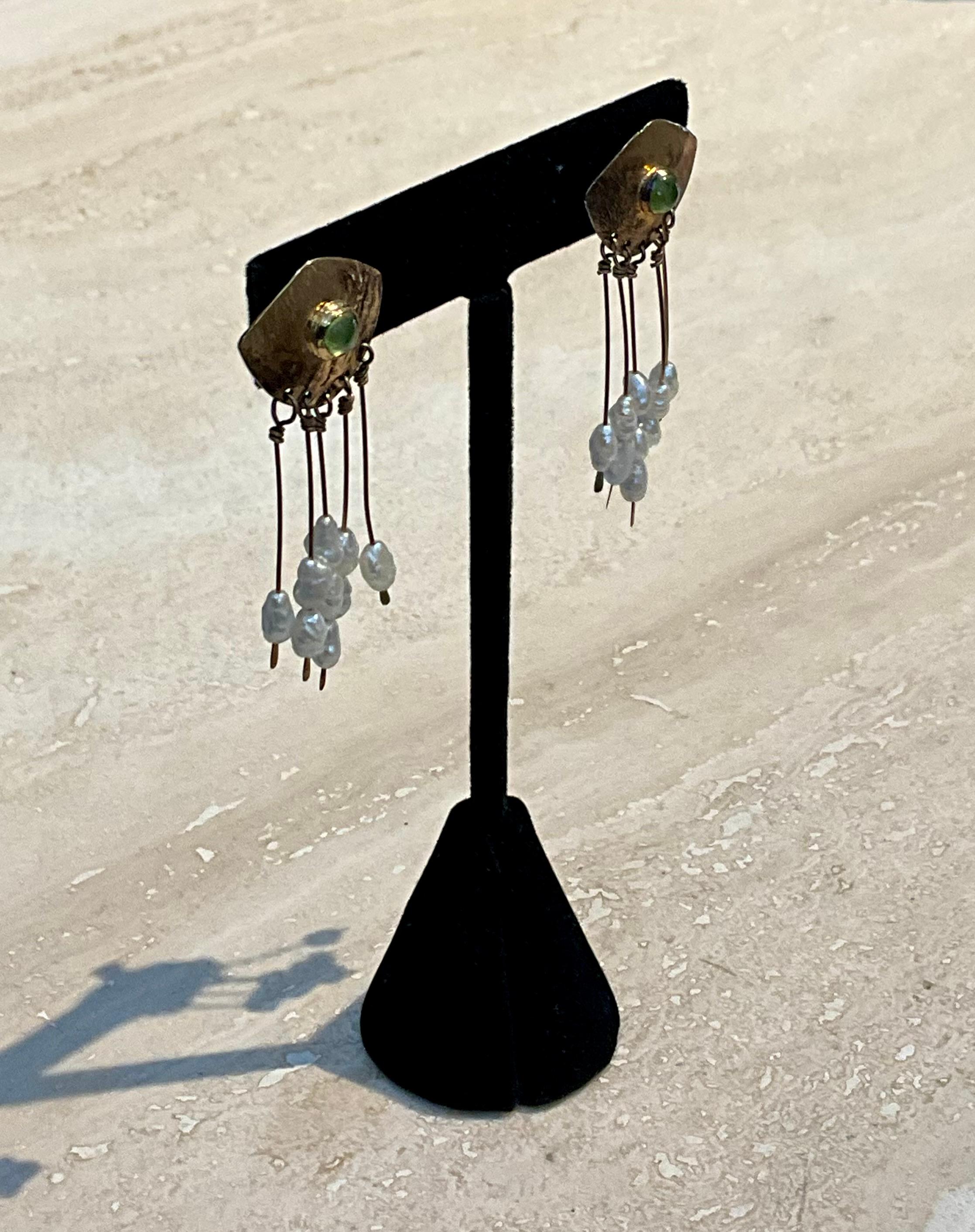 Cabochon Vintage Peridot & Pearl Brass Earrings For Sale
