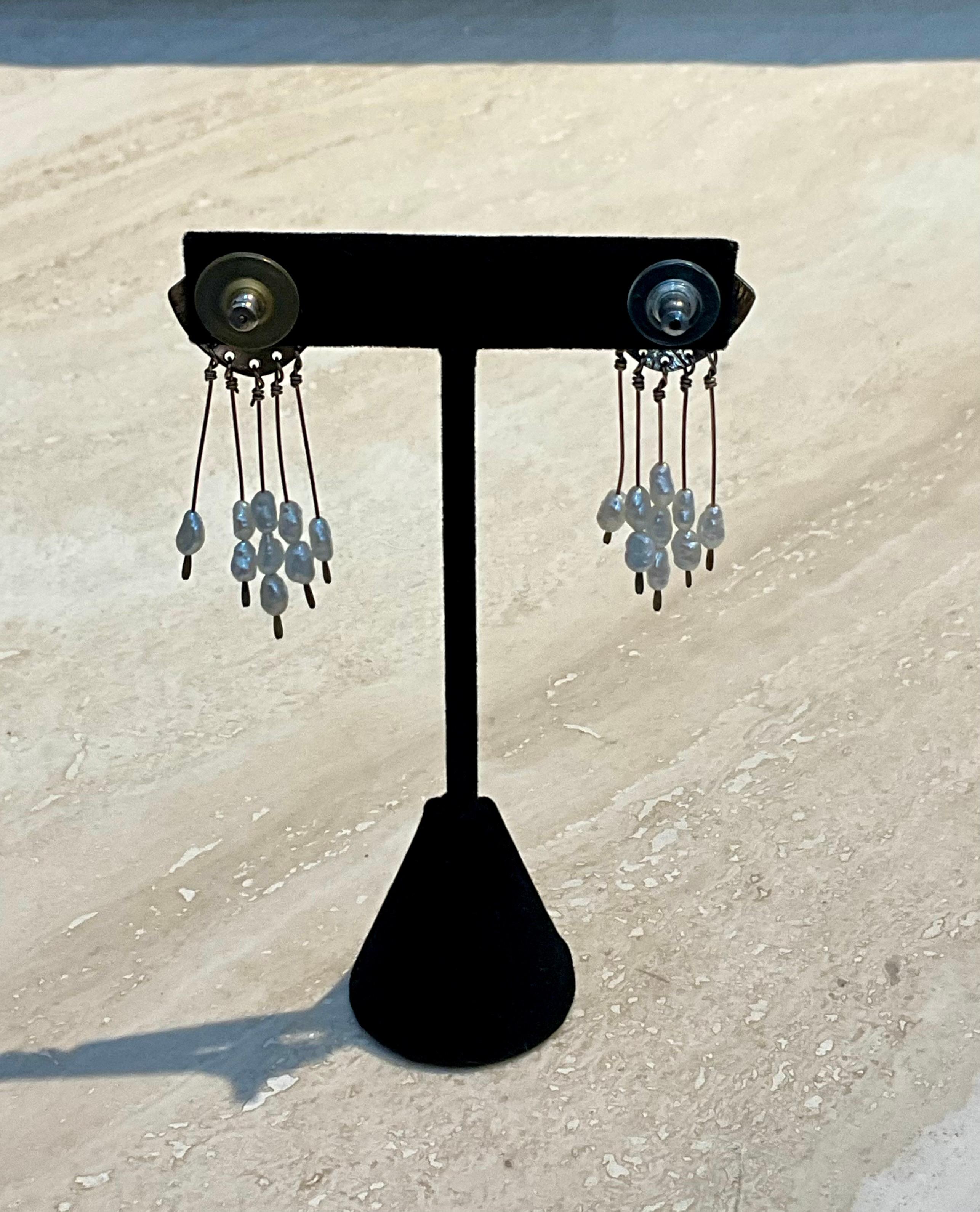 Vintage Peridot & Pearl Brass Earrings In Good Condition For Sale In Lake Worth Beach, FL