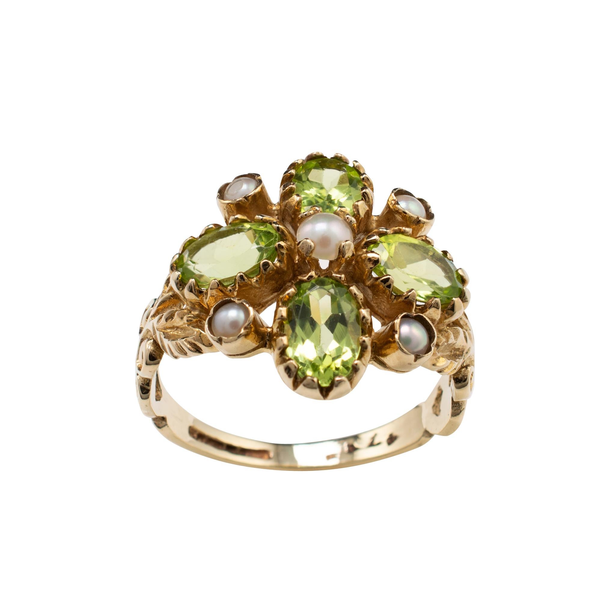 Oval Cut Vintage Peridot and Pearl Flower Cocktail Ring, Fancy Floral Split Shoulders