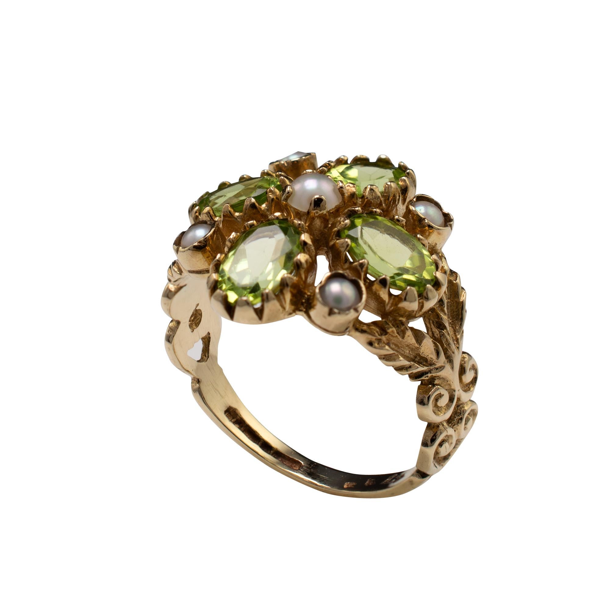 Baroque Revival Vintage Peridot and Pearl Flower Cocktail Ring, Fancy Floral Split Shoulders