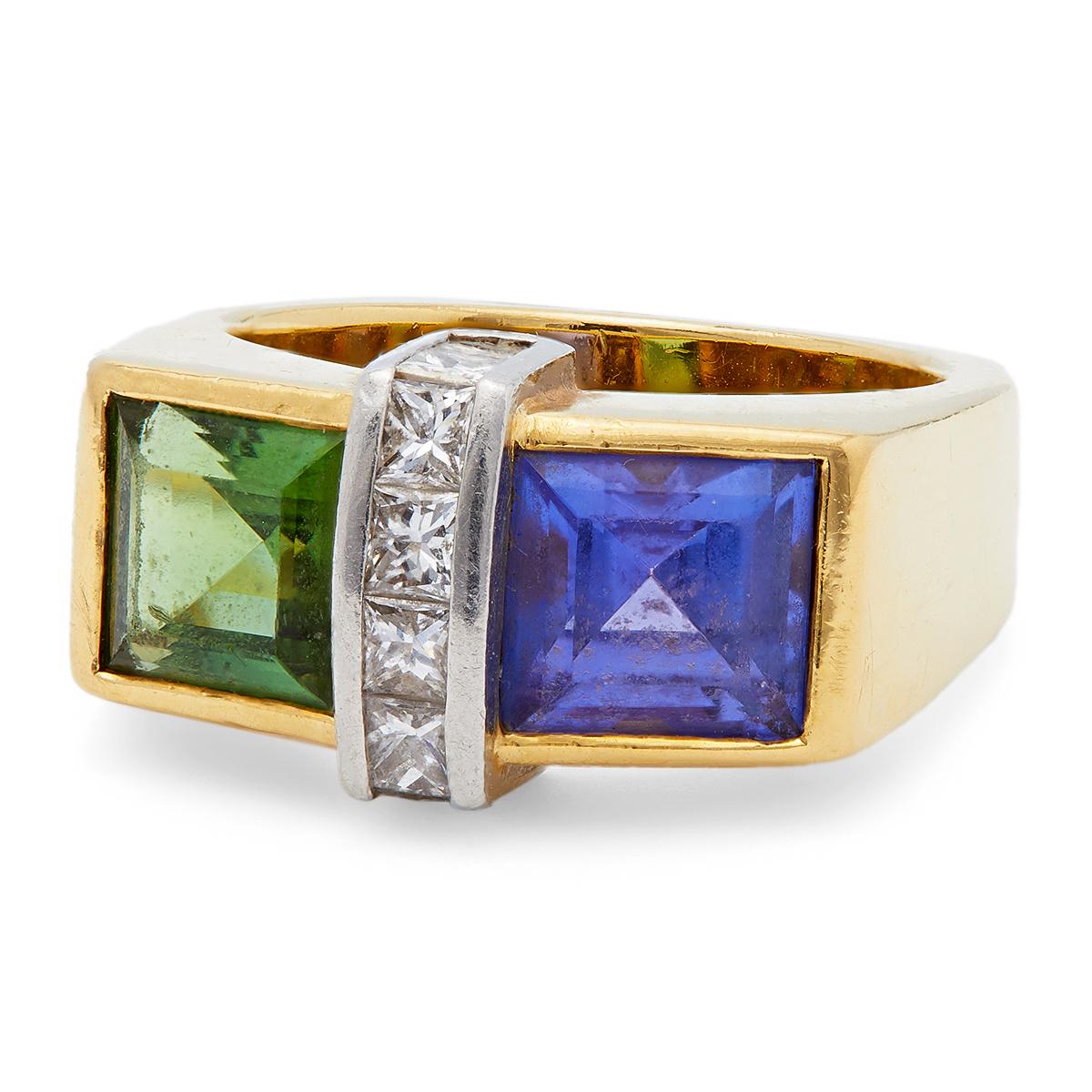 Platinring mit Peridot, Tansanit und Diamant aus 18 Karat Gelbgold für Damen oder Herren