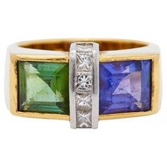Platinring mit Peridot, Tansanit und Diamant aus 18 Karat Gelbgold