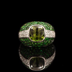 Vintage Peridot Tsavorite Garnet Diamond Bombe Cocktail Ring White Gold Italian