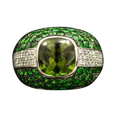 Vintage Peridot Tsavorite Garnet Diamond Bombe Cocktail Ring White Gold Italian