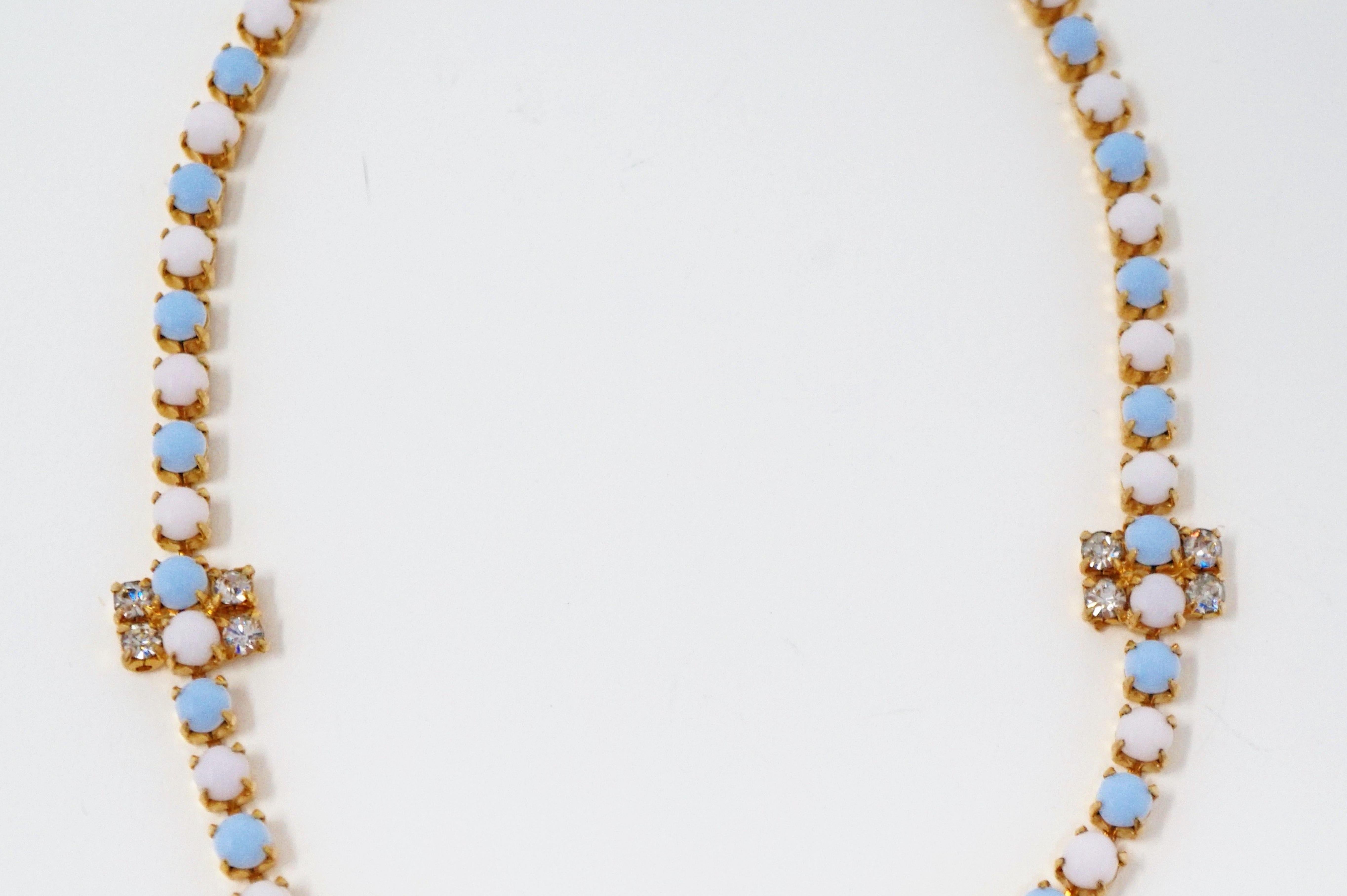 Vintage Periwinkle & White Milk Glass and Rhinestone Necklace, circa 1960s 2