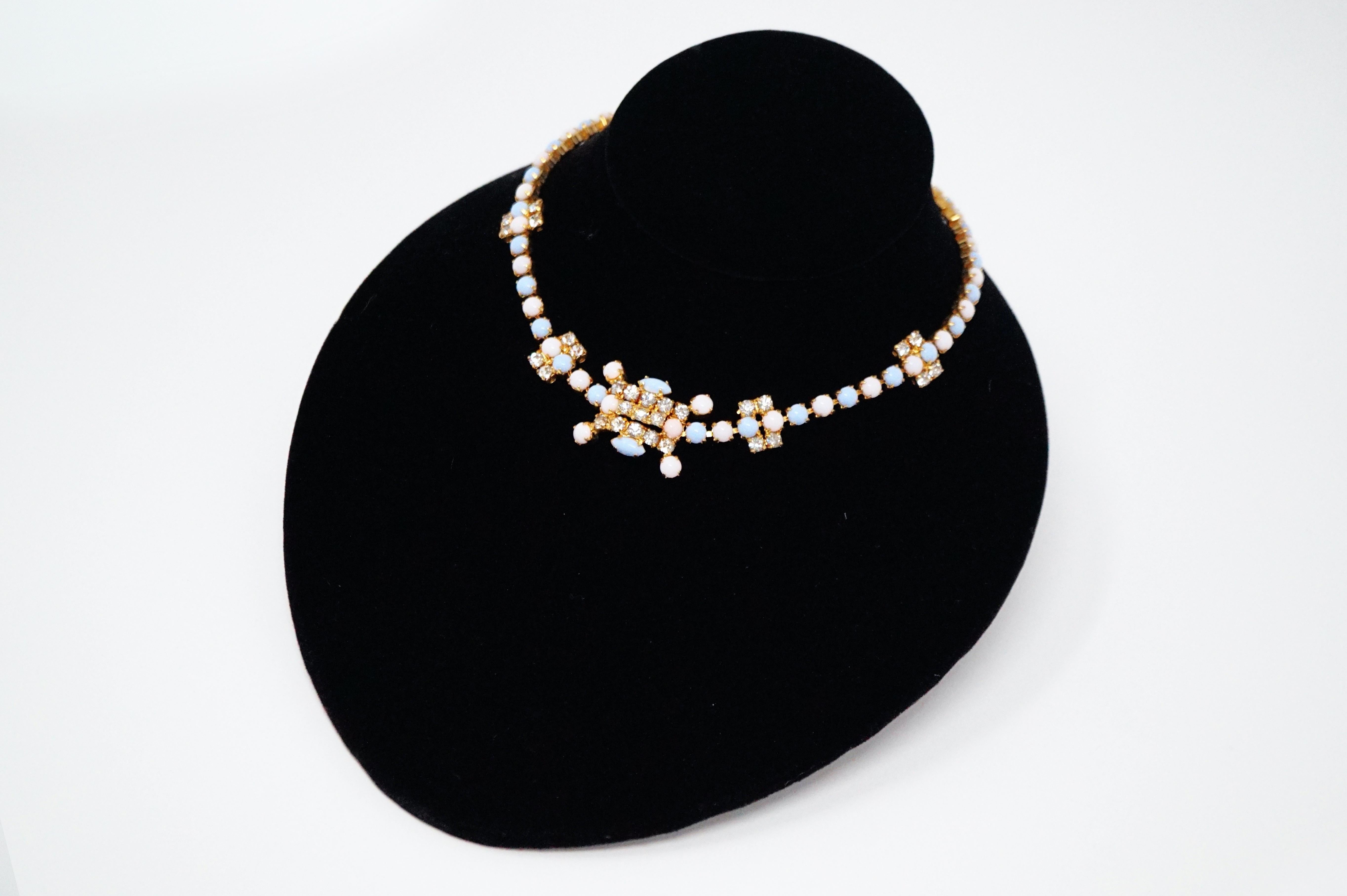 Vintage Periwinkle & White Milk Glass and Rhinestone Necklace, circa 1960s 10
