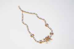 Vintage Periwinkle & White Milk Glass and Rhinestone Necklace, circa 1960s