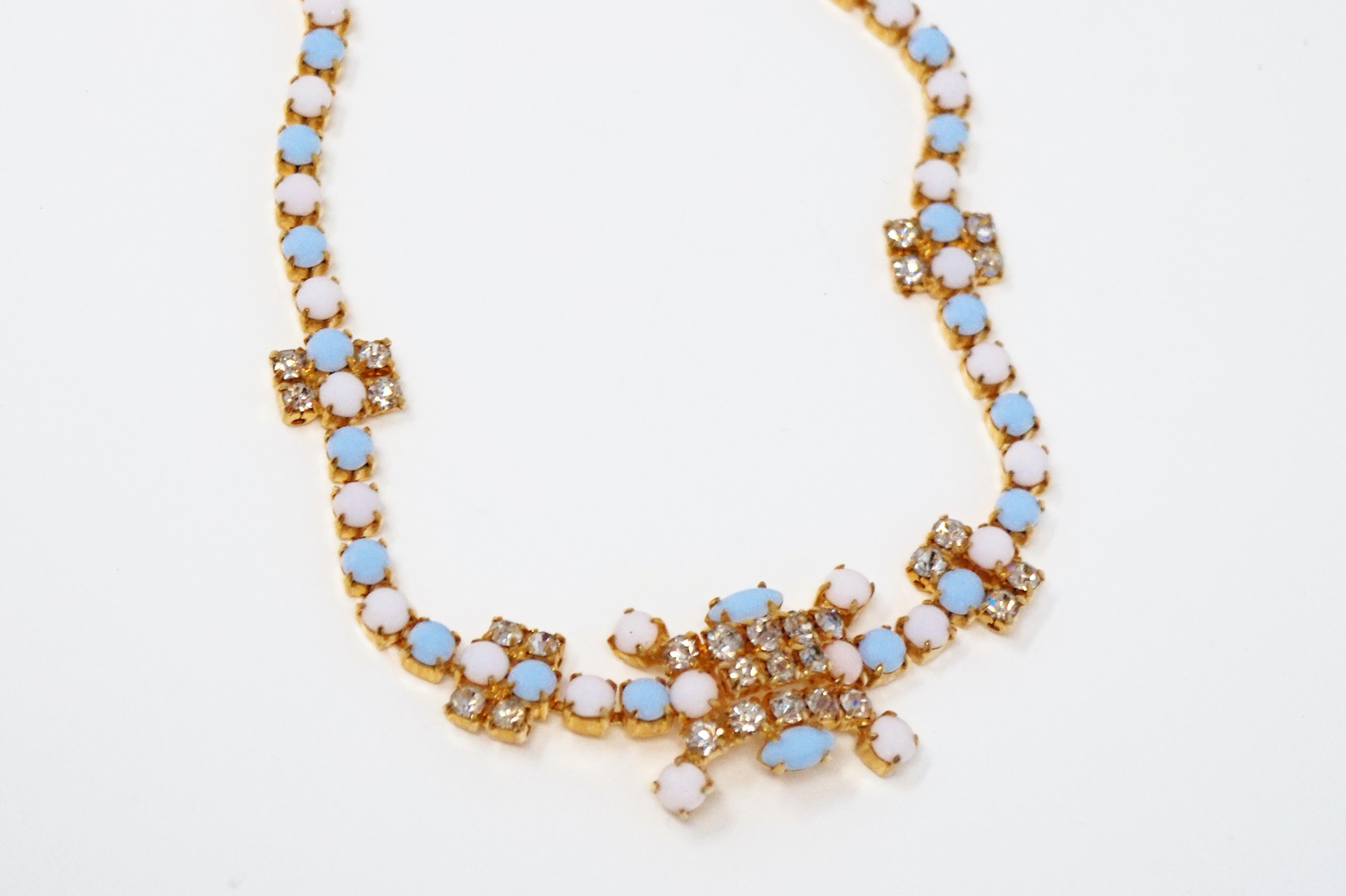 Modern Vintage Periwinkle & White Milk Glass and Rhinestone Necklace, circa 1960s