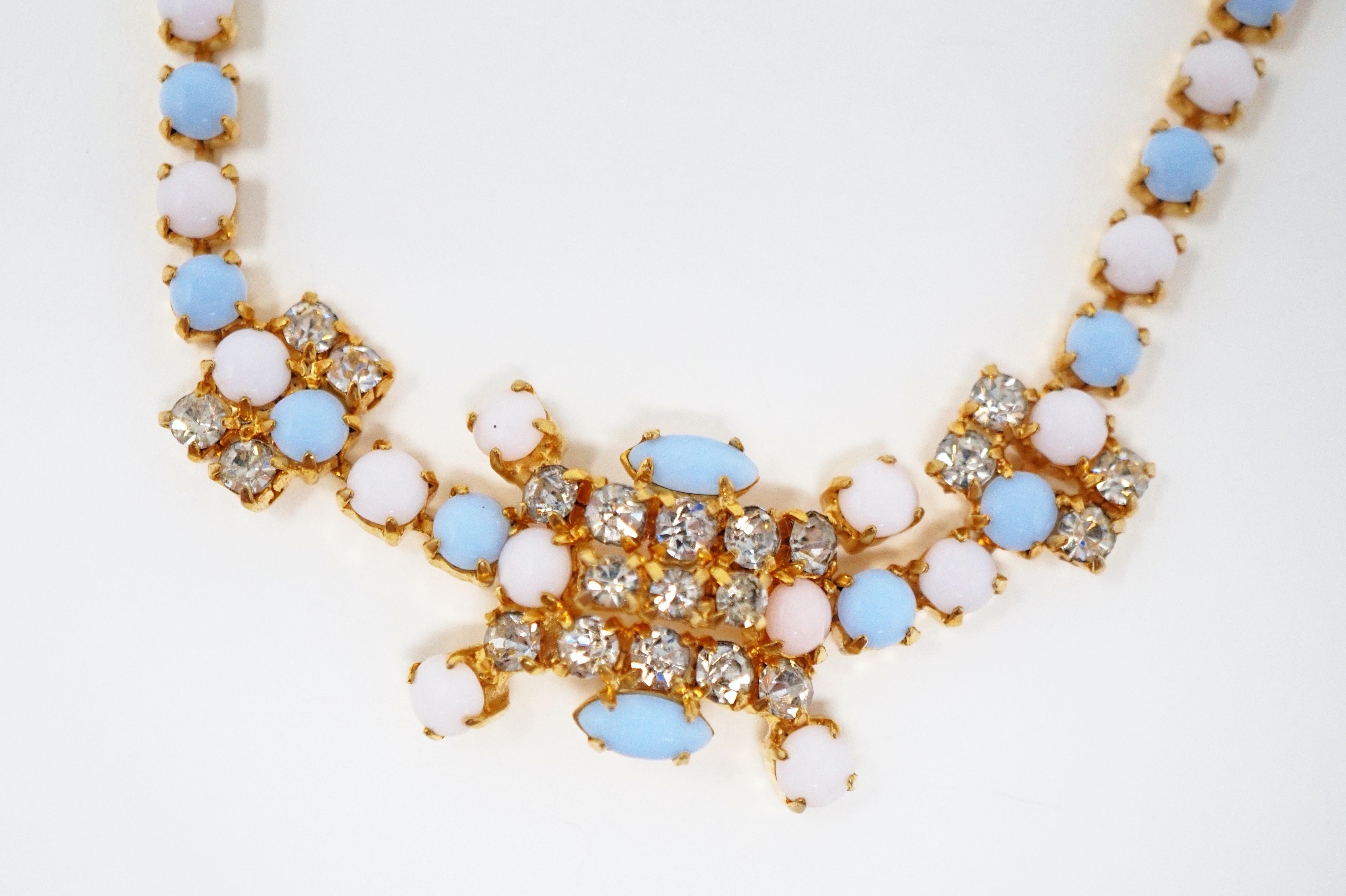 Women's Vintage Periwinkle & White Milk Glass and Rhinestone Necklace, circa 1960s