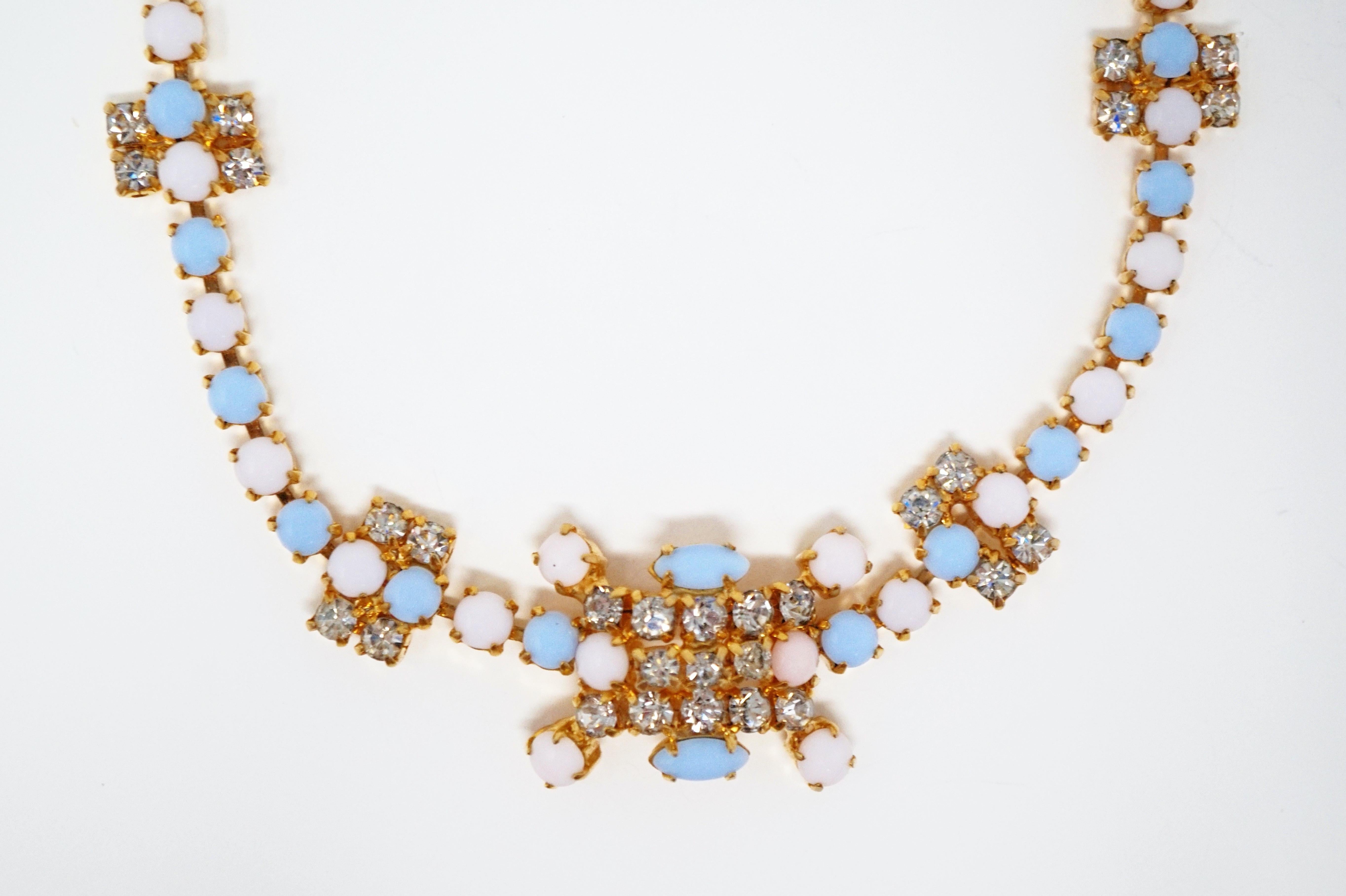 Vintage Periwinkle & White Milk Glass and Rhinestone Necklace, circa 1960s 1