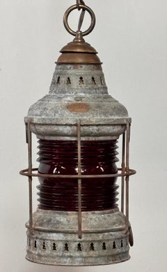 Vintage Perko Galvanized Steel Nautical Ship Lantern with Red Glass