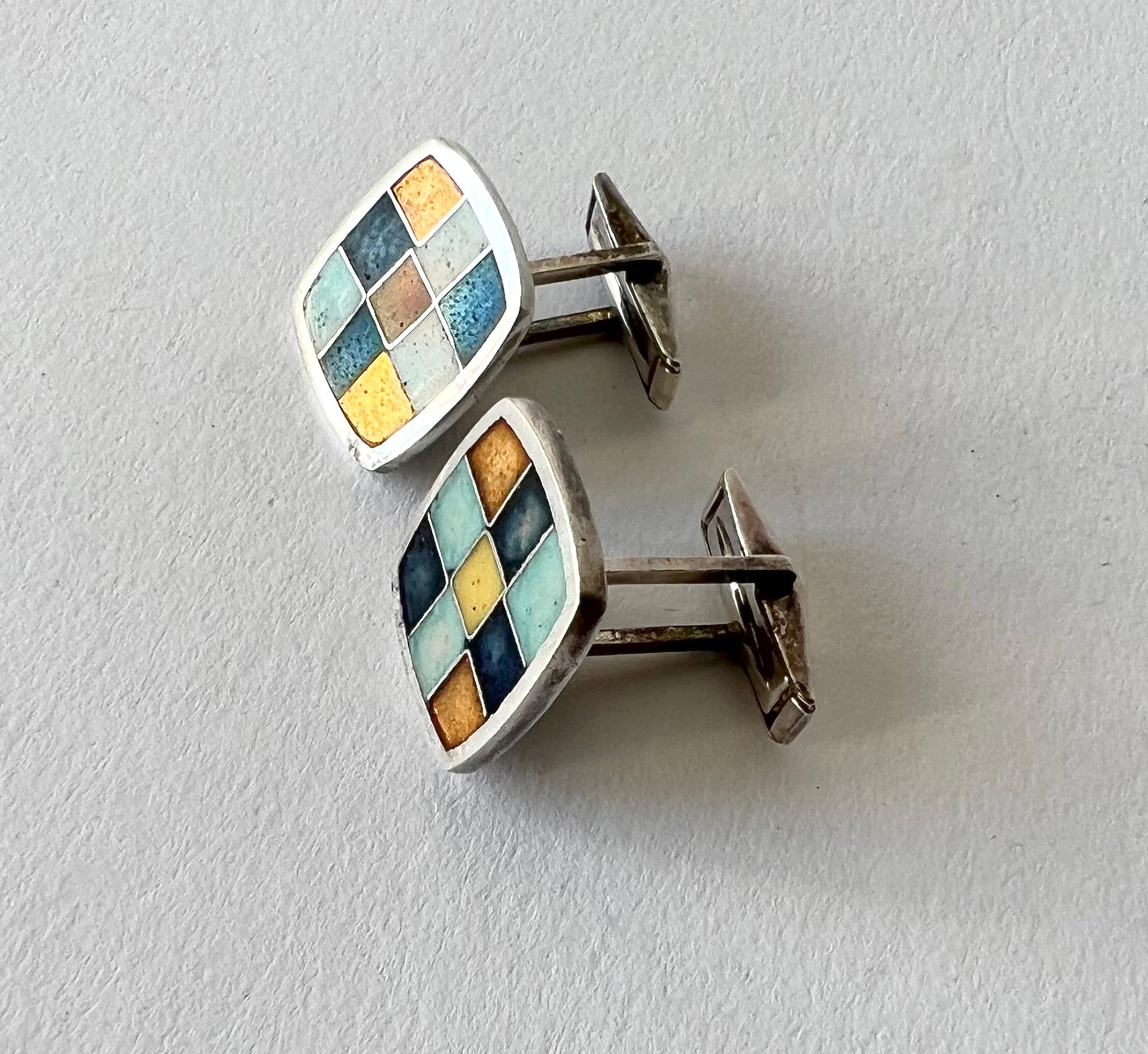  1950's silver over copper and enamel German modernist cufflinks created by Perli, Germany.  Cufflinks measure 3/4