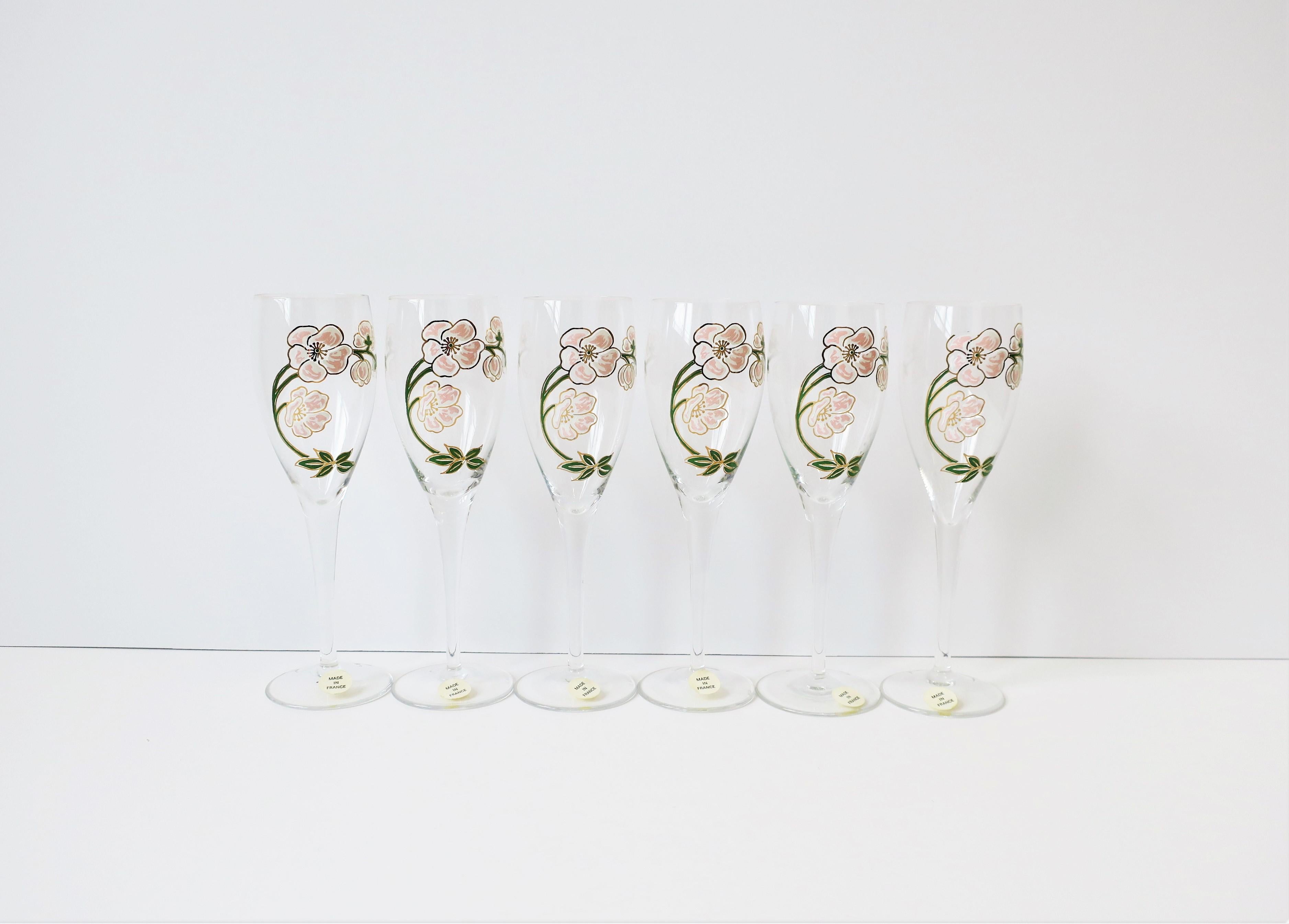 20th Century Vintage French Perrier-Jouet Champagne Flute Glasses Art Nouveau, Set of 6